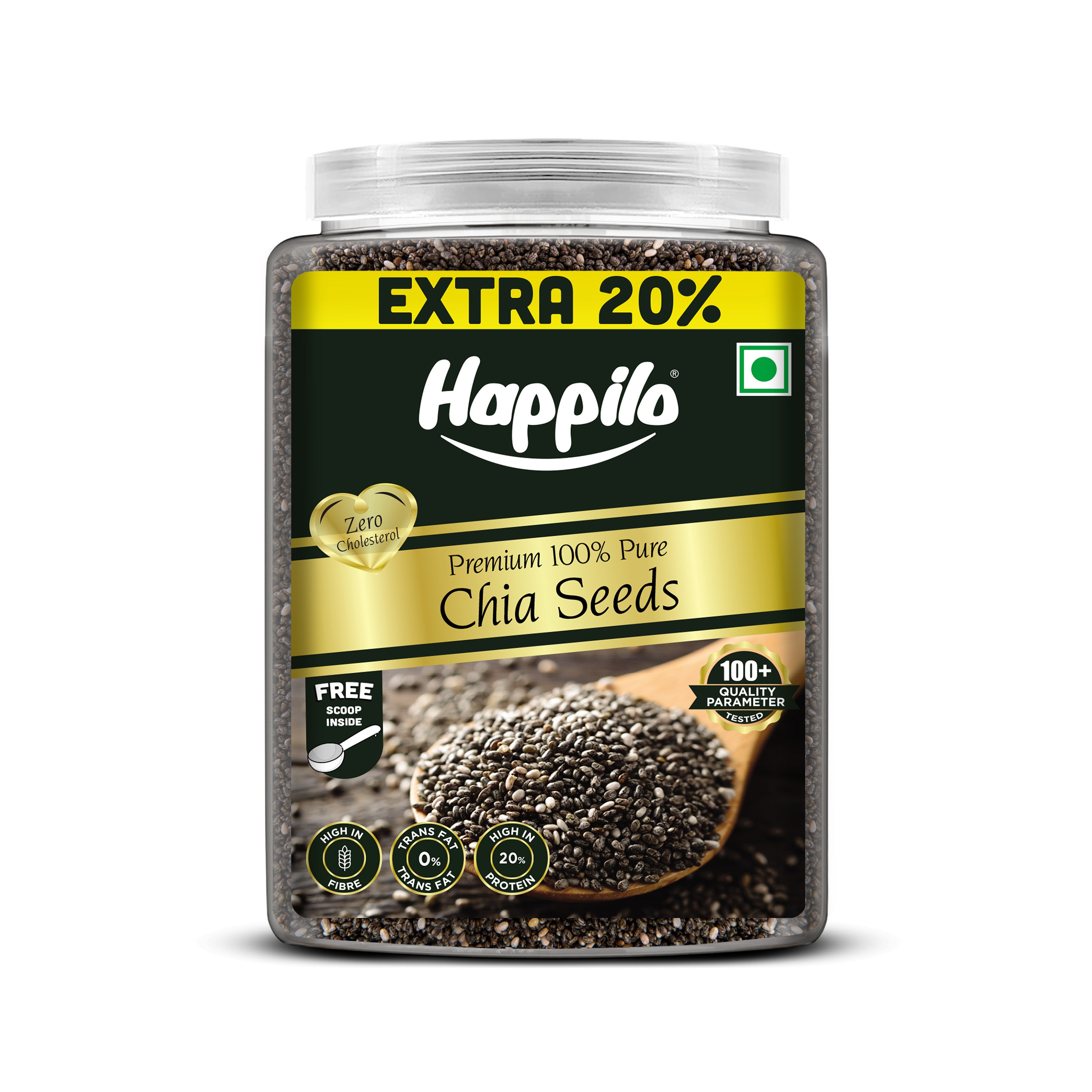 Happilo Premium Raw Authentic Chia Seeds Jar 1000g + 200g Free