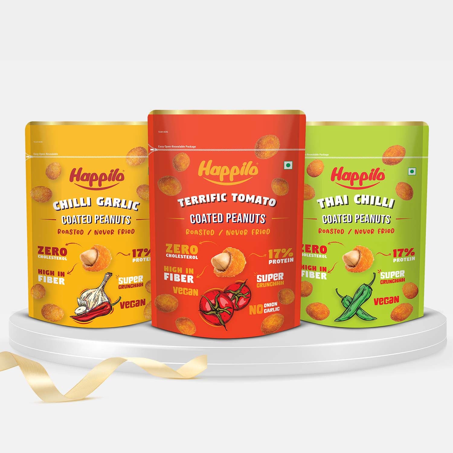 Happilo Peanut Power Combo Snack 150g each Chili Garlic Peanut, Thai Chili Peanut, Terrific Tomato Peanut