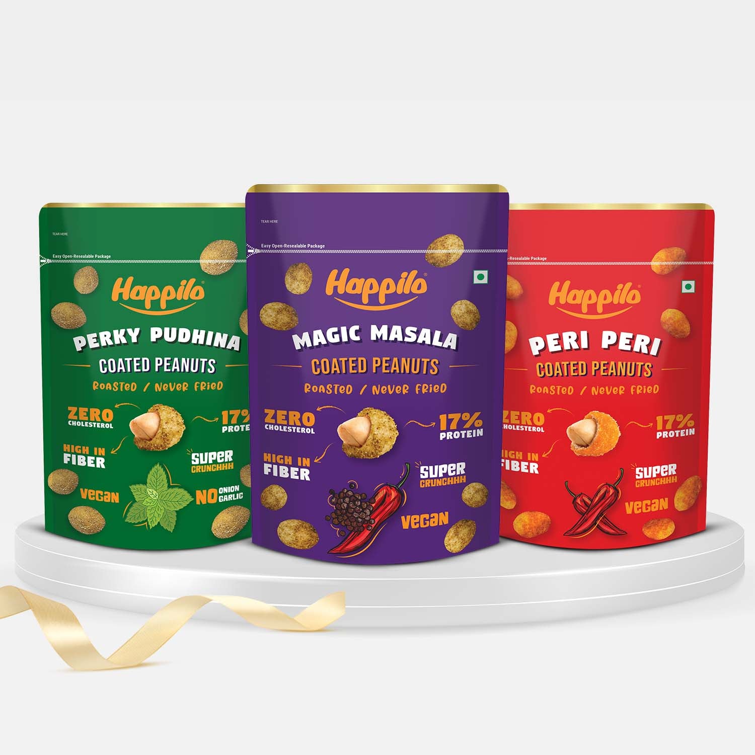 Happilo Peanut Super Combo Snack 150g each, Perky Pudhina Peanut, Magic Masala Peanut, Peri Peri Peanut