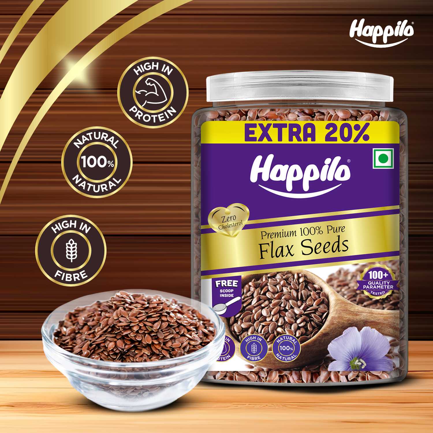 Happilo Premium Raw Authentic Flax Seeds Jar 1000g + 200g Free