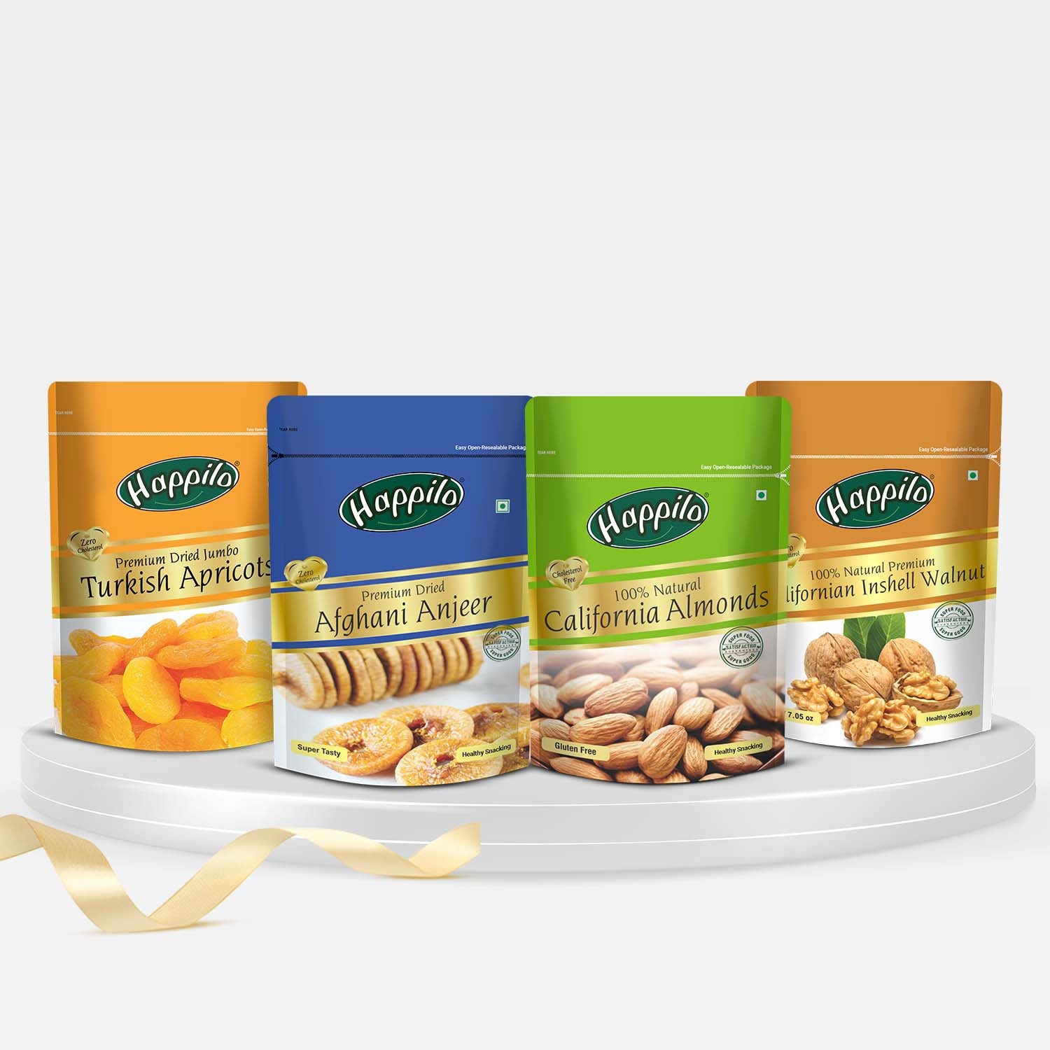Happilo Premium Californian Almonds, Californian Walnuts Inshell, Afghani Anjeer & Turkish Apricot Combo Pack of 200g each
