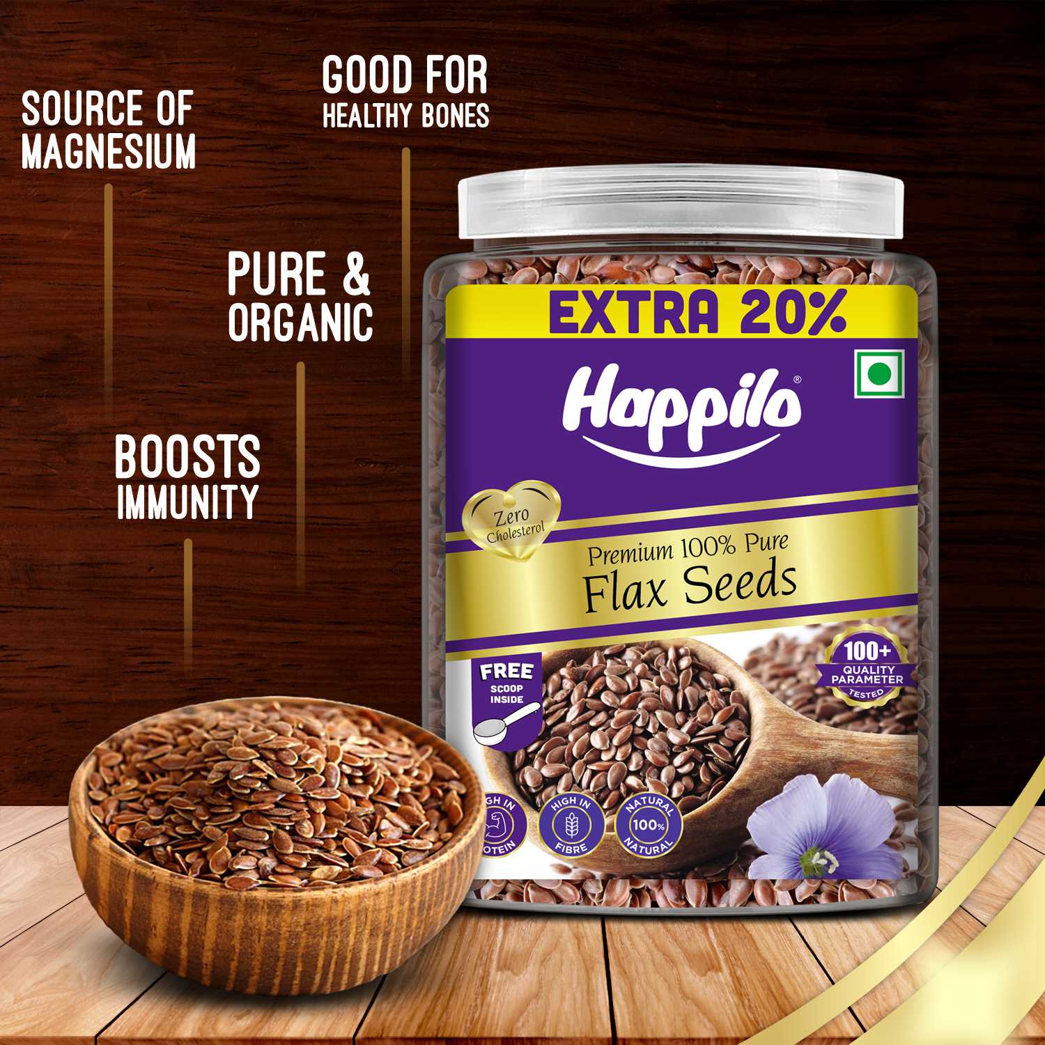 Happilo Premium Raw Authentic Flax Seeds Jar 1000g + 200g Free