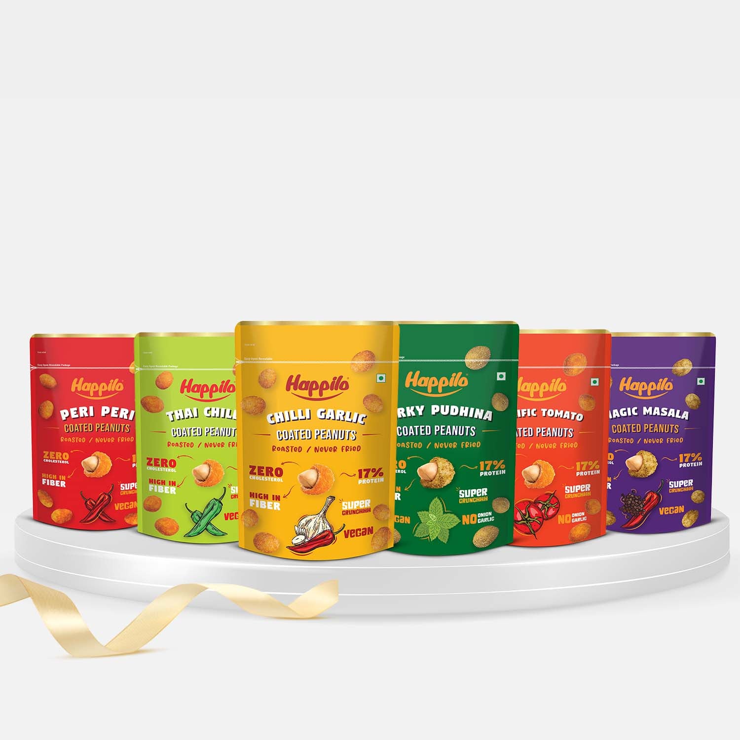 Happilo Peanuts Daily Combo Snack 150g each Perky Pudhina Peanut, Magic Masala Peanut, Peri Peri Peanut, Chili Garlic Peanut, Thai Chili Peanut, Terrific Tomato Peanut