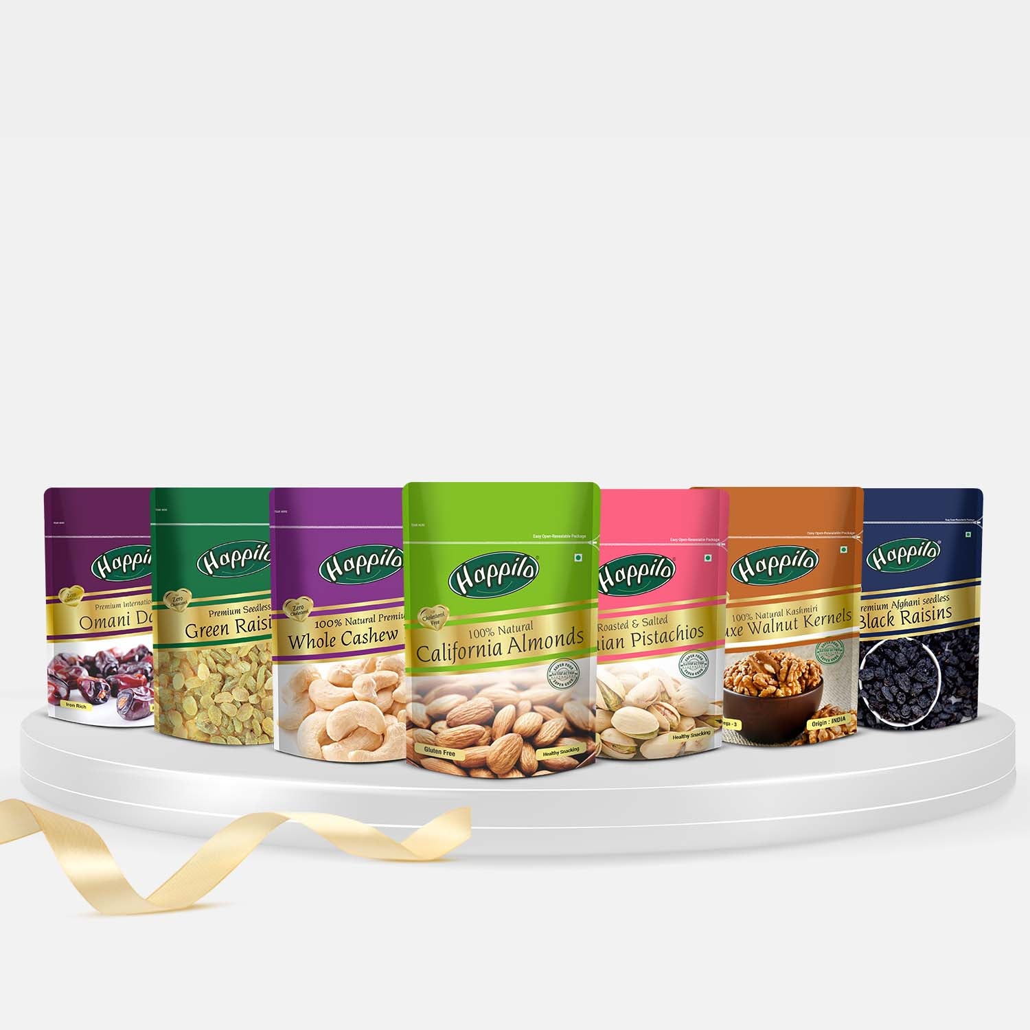 Happilo Premium Dry Fruits & Nuts Pack(Californian Almonds 200g Whole Cashews 200g Green Raisins 250g Omani Dates 250g Black Raisins 250g Iranian Pistachios 200g Deluxe Kashmiri Walnut Kernels 200g)