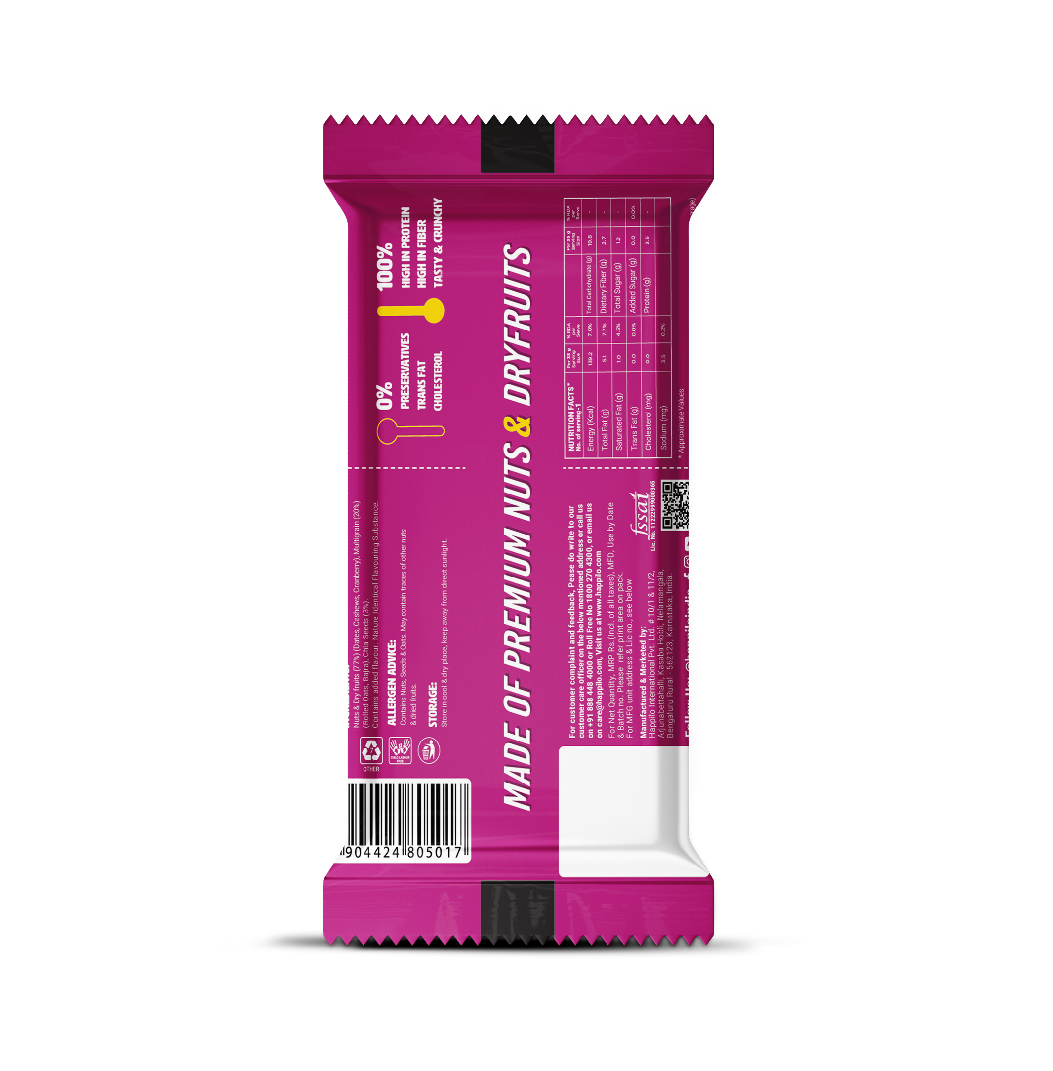 Happilo Dry Fruit Energy Bar, 80% Dry Fruits and Nuts, 20% Whole Grain and Millets, 10% Protein, Nutrient Rich, High in Protein, Fiber