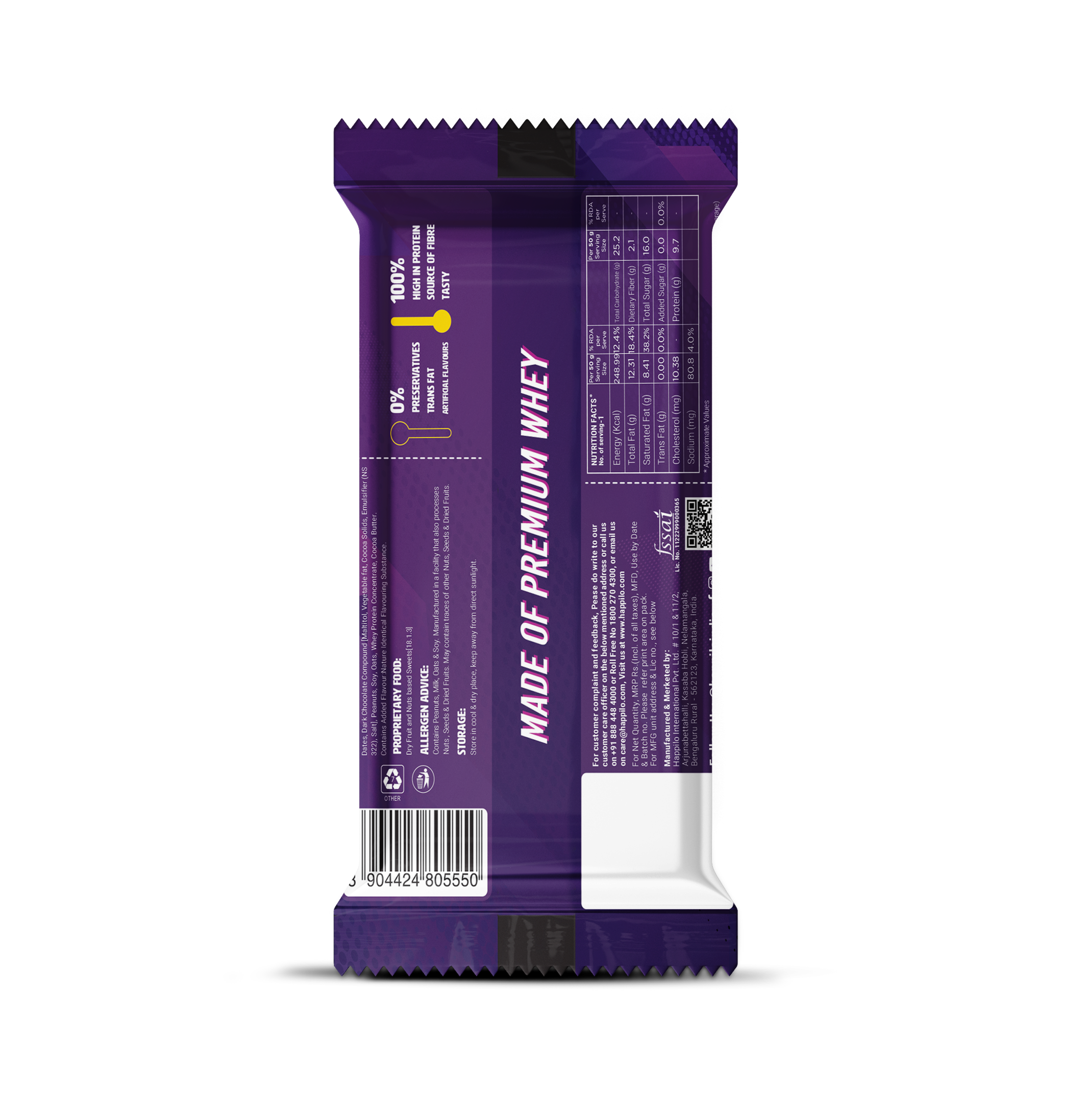 Happilo Premium Dark Chocolate Protein Bar, 10g Protein, Premium Whey, Source of Fiber, Work Out Bar