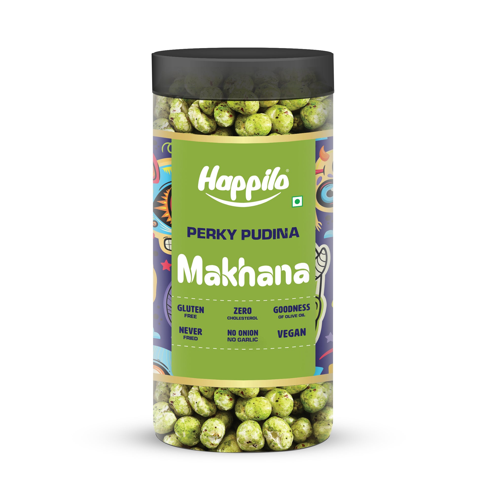 Happilo Makhana Perky Pudina Jar 80g, Roasted Foxnut Healthy Snack Low Calorie Gluten Free and Vegan