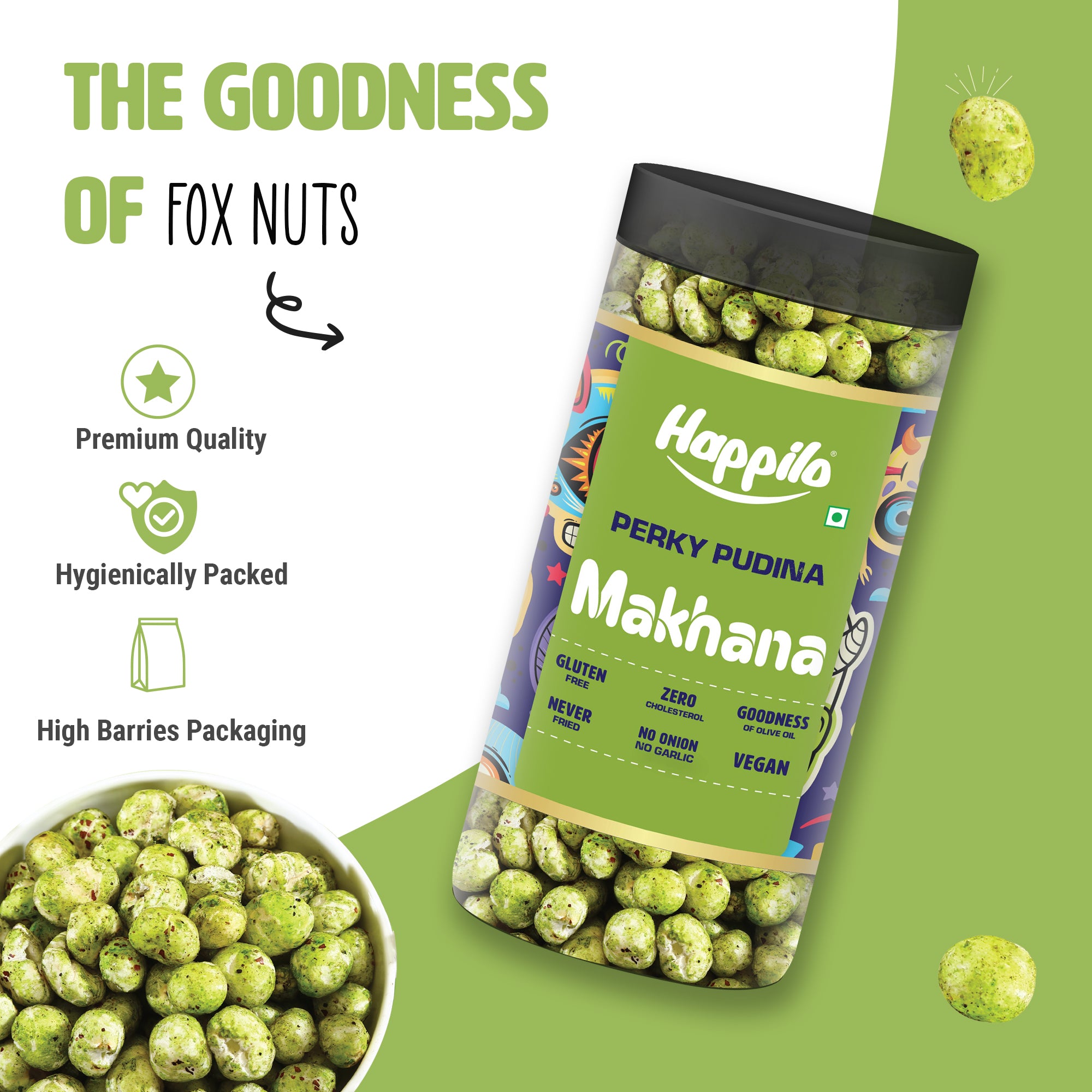 Happilo Makhana Perky Pudina Jar 80g, Roasted Foxnut Healthy Snack Low Calorie Gluten Free and Vegan