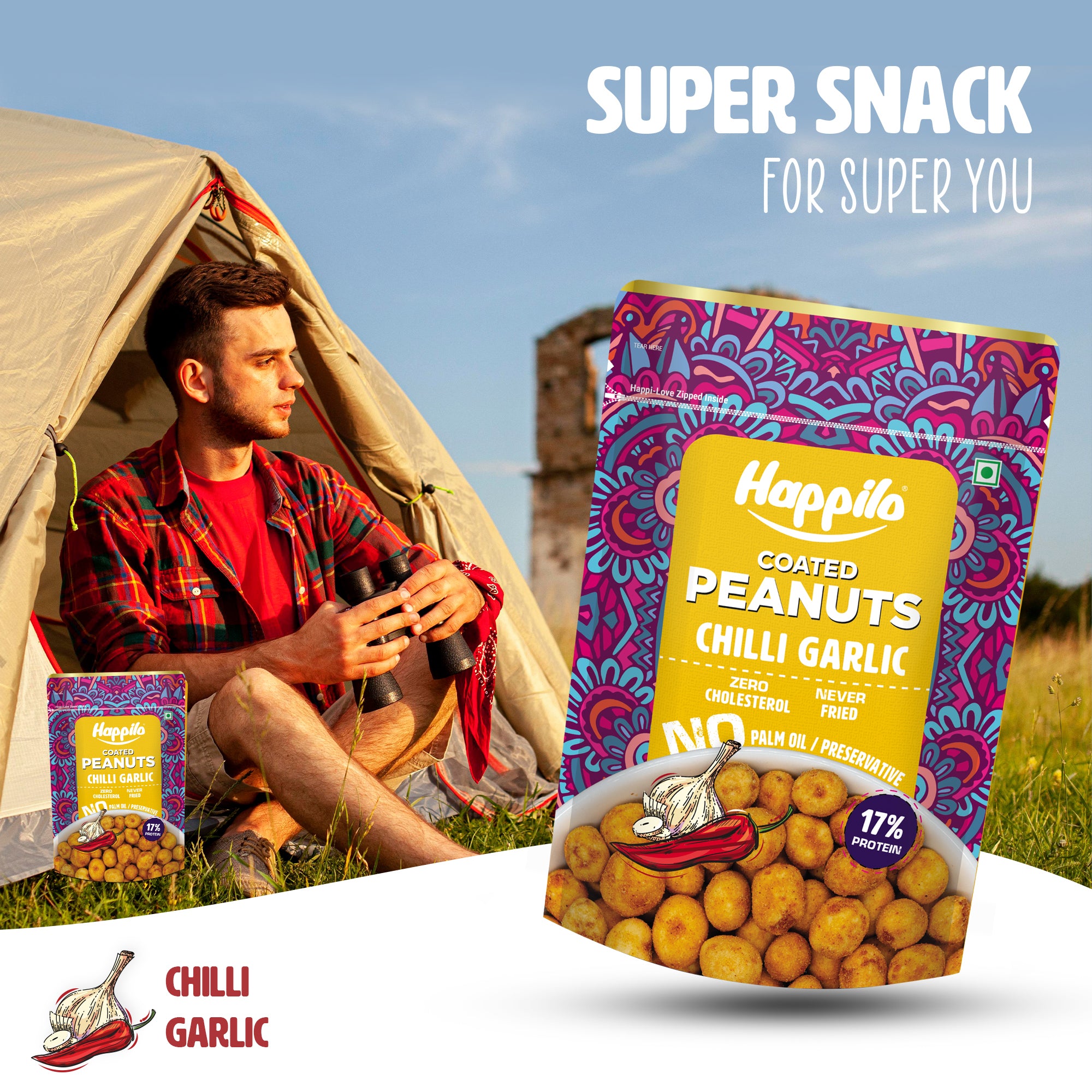 Happilo Premium Super Snack Chili Garlic Peanut 150g, Crunchy and Nutty, High in Protein and Dietary Fibre