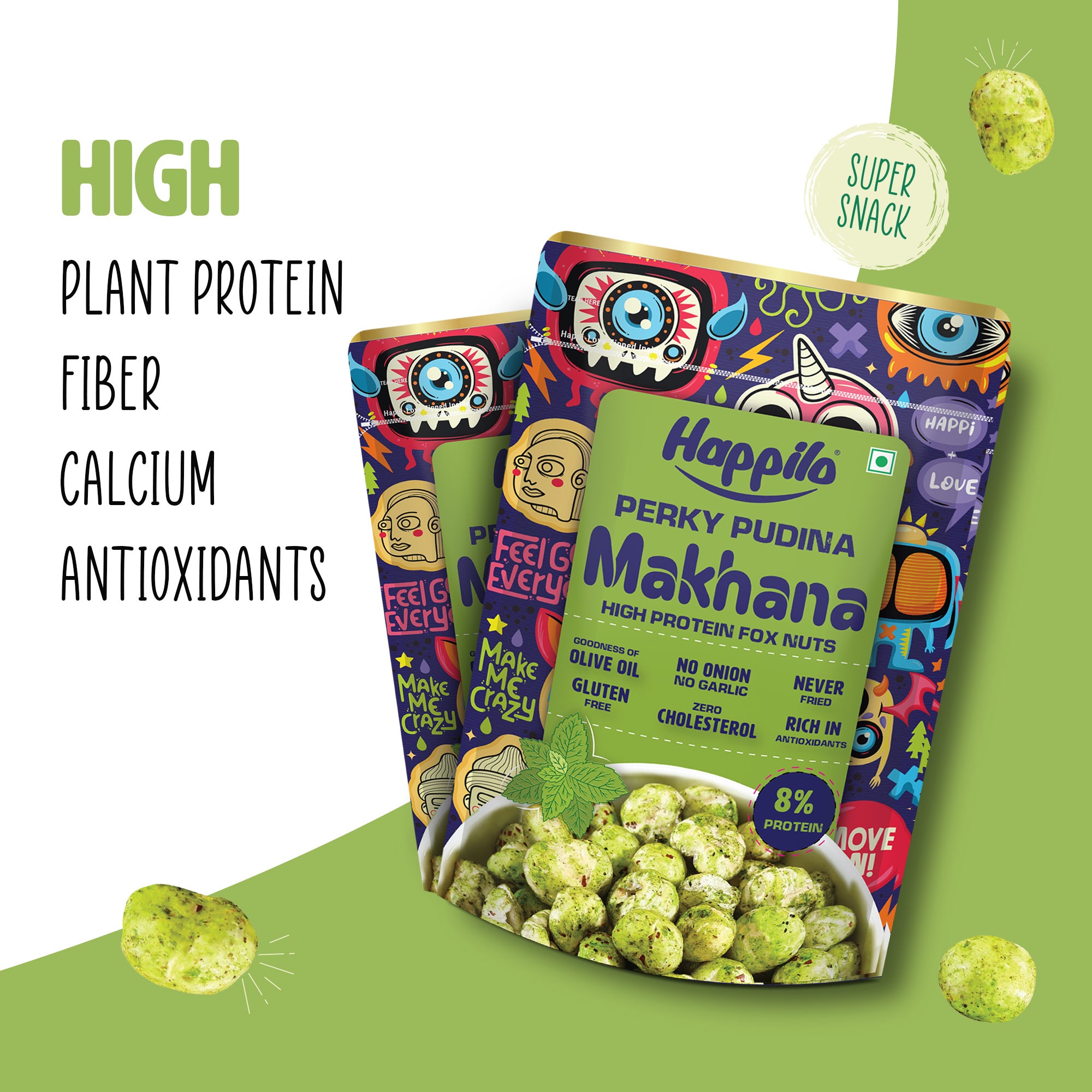Happilo Premium Super Snack Makhana Perky Pudina 55g, Roasted Foxnut Healthy Snack Low Calorie Gluten Free and Vegan