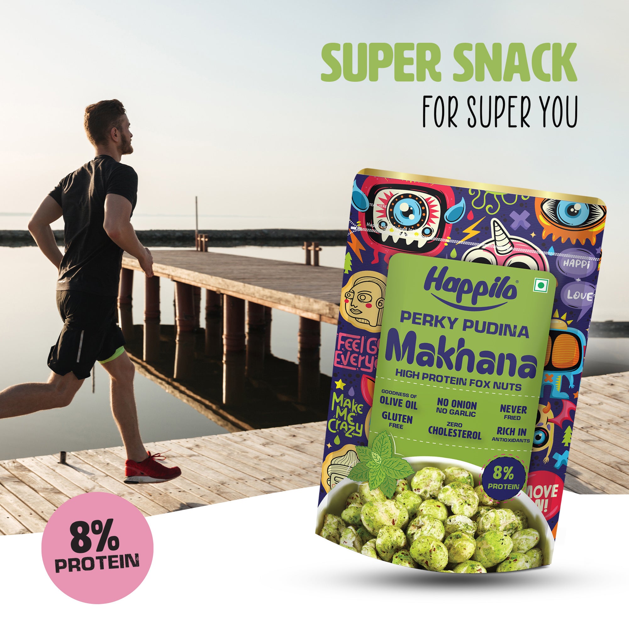 Happilo Premium Super Snack Makhana Perky Pudina 55g, Roasted Foxnut Healthy Snack Low Calorie Gluten Free and Vegan