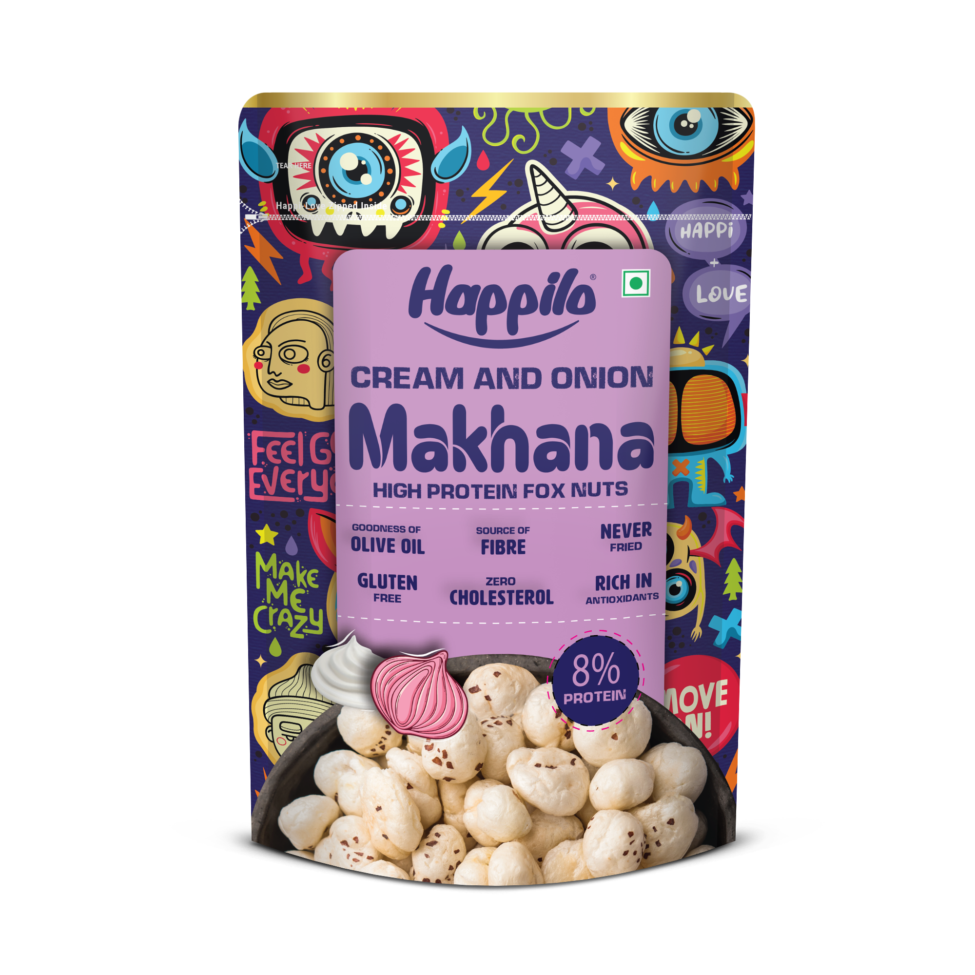 Happilo Premium Super Snack Makhana Cream & Onion 55g, Roasted Foxnut Healthy Snack Low Calorie Gluten Free and Vegan