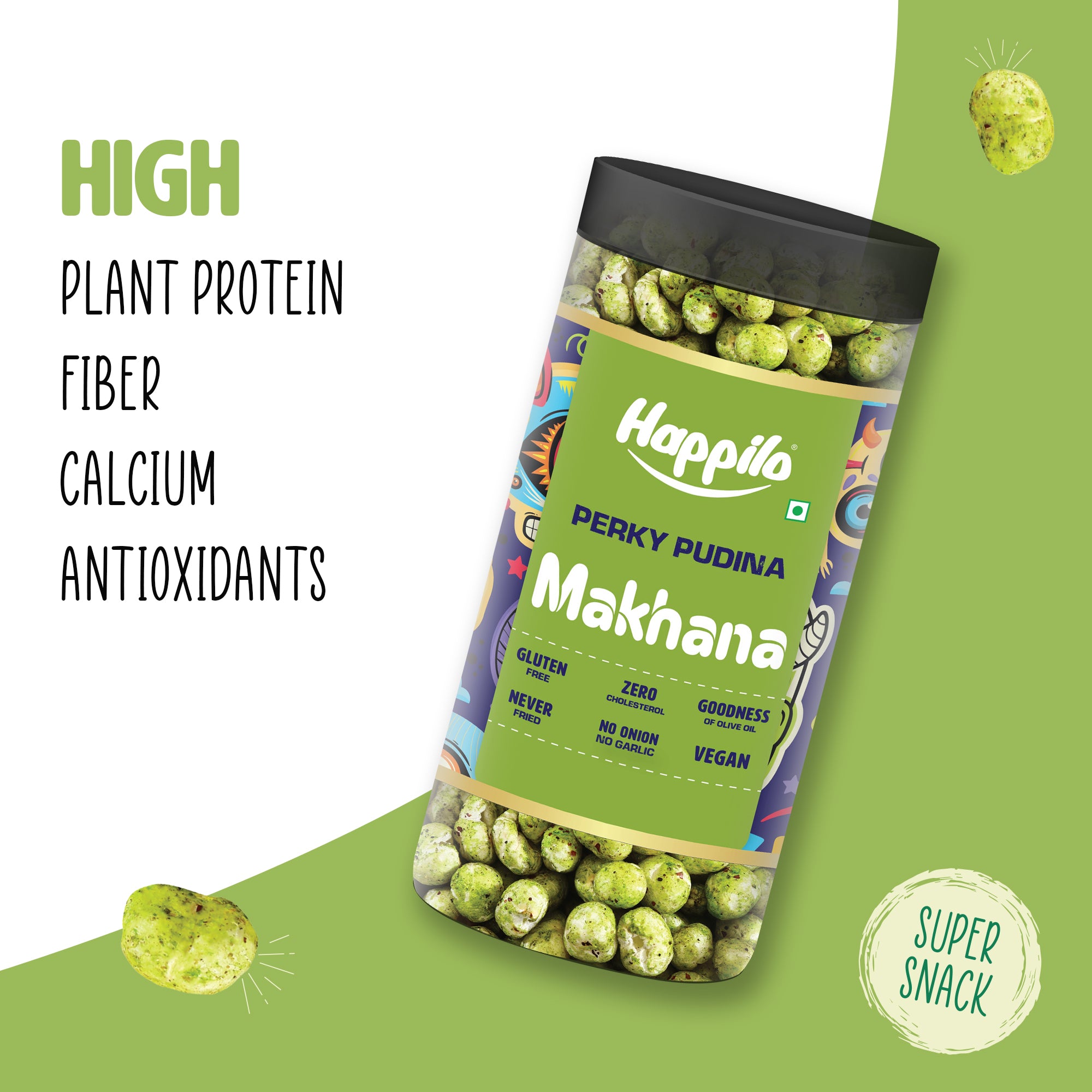 Happilo Makhana Perky Pudina Jar 80g, Roasted Foxnut Healthy Snack Low Calorie Gluten Free and Vegan