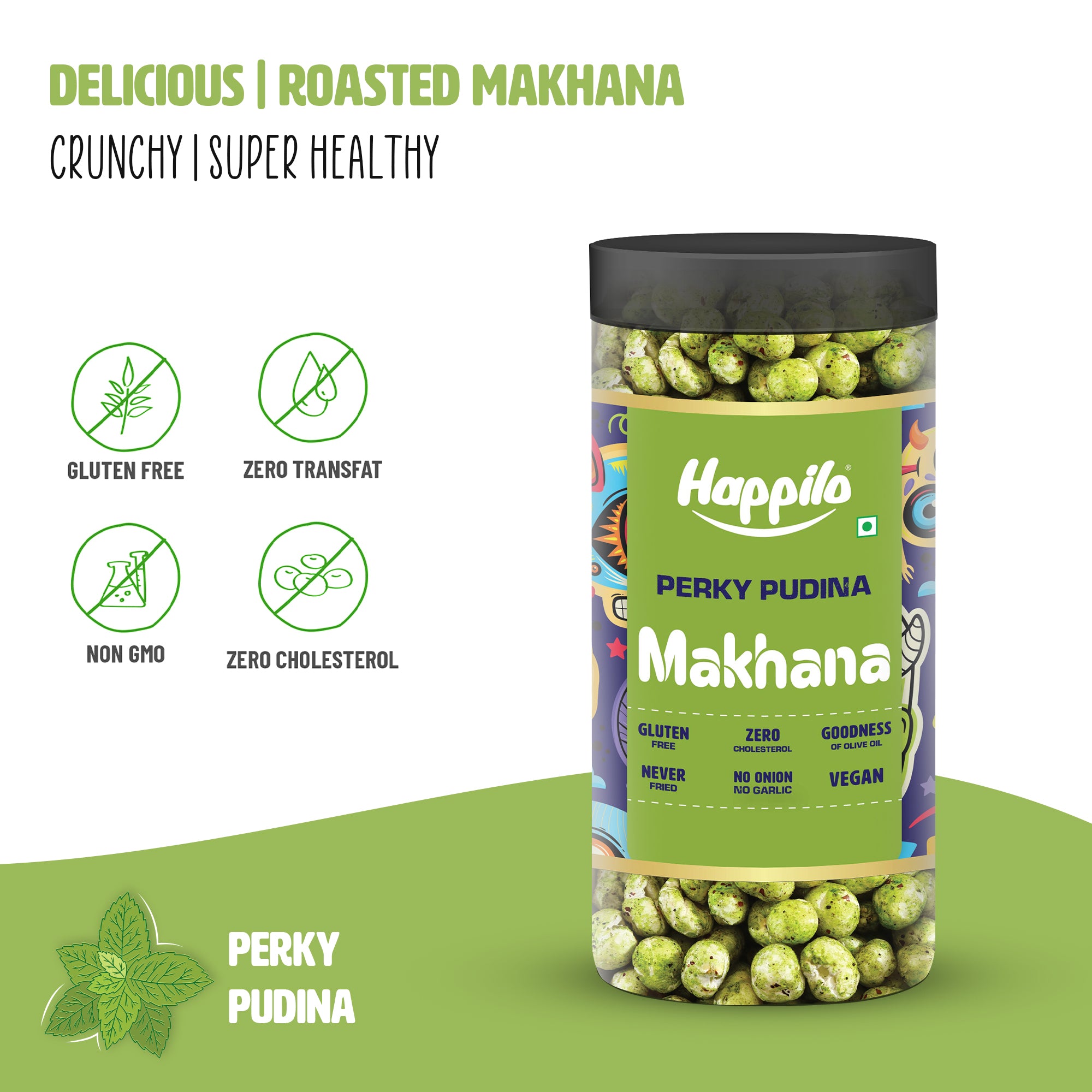 Happilo Makhana Perky Pudina Jar 80g, Roasted Foxnut Healthy Snack Low Calorie Gluten Free and Vegan