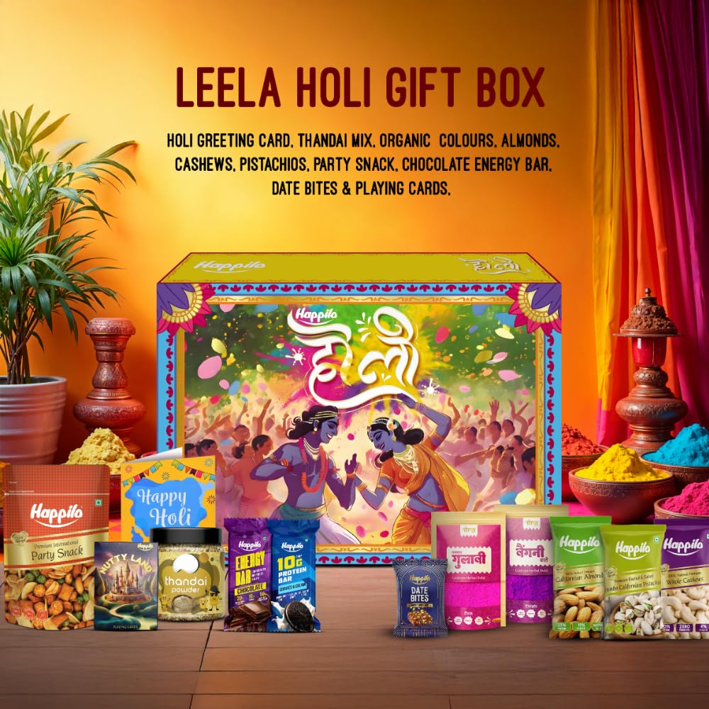 Happilo Leela Holi Gift Box 258g, Holi Greeting Card, Thandi Mix, Organic Colour, Almonds, Cashews, Pistachios, Party Snack, Chocolate Energy Bar, Date Bites and Playing Cards