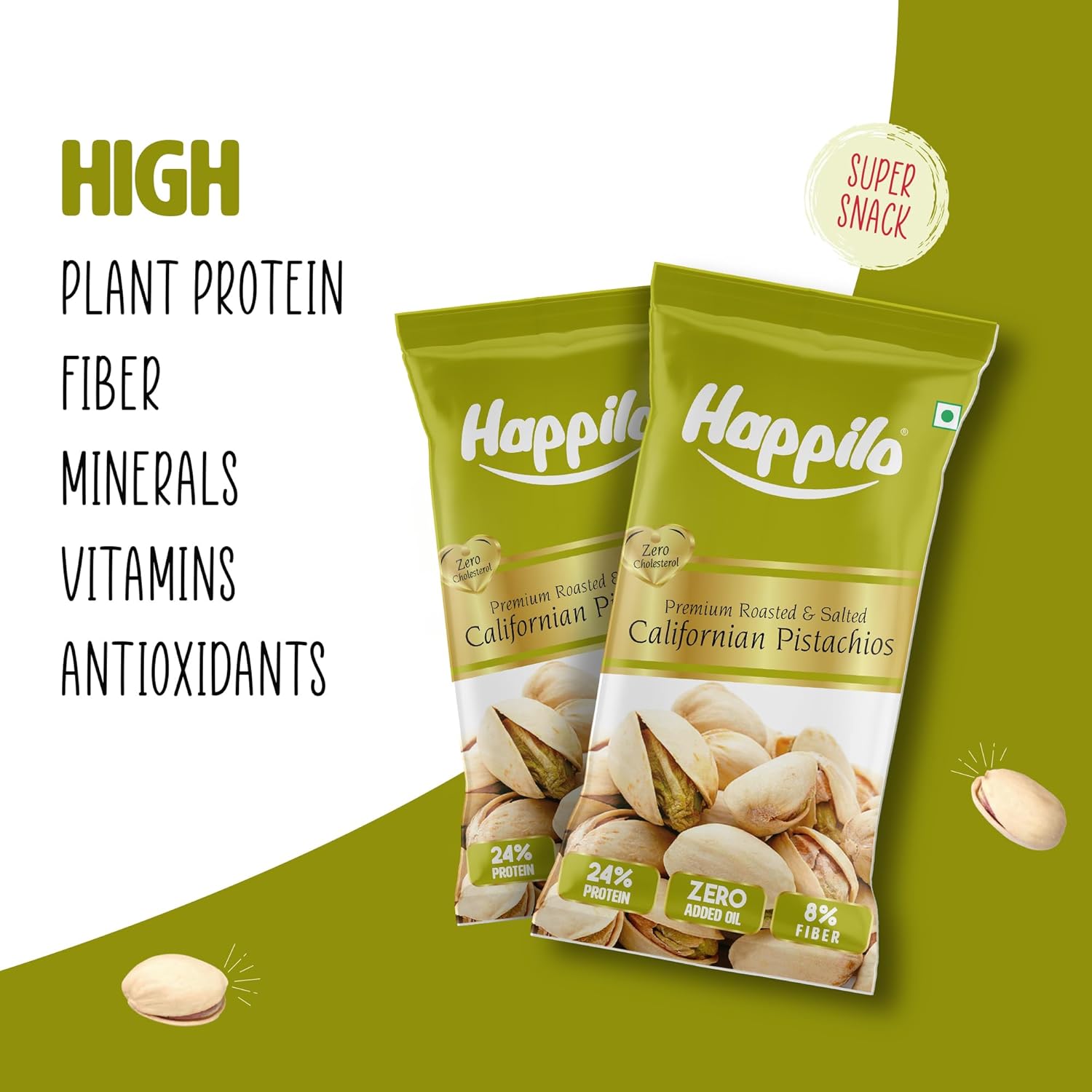 Happilo Smart Snack Roasted & Salted Californian Pistachios (Pack Of 12) 15g+3g (20% Extra)