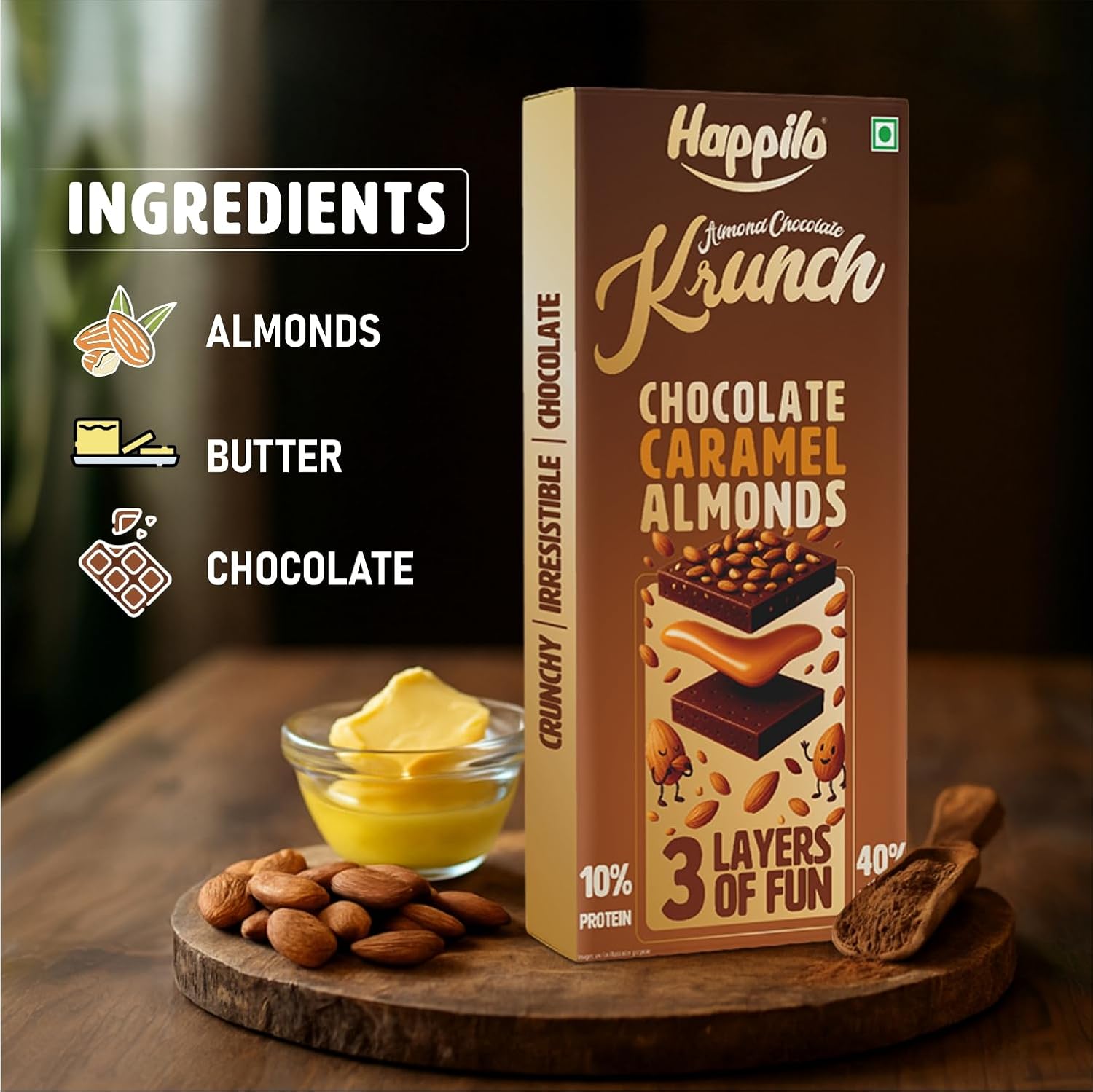 Happilo Premium Almond Chocolate Krunch Gift Pack 51g (Pack of 3, 17g), Protein 10%, Almonds 40%, Almond Bar Chikki, No Preservatives, Gluten Free