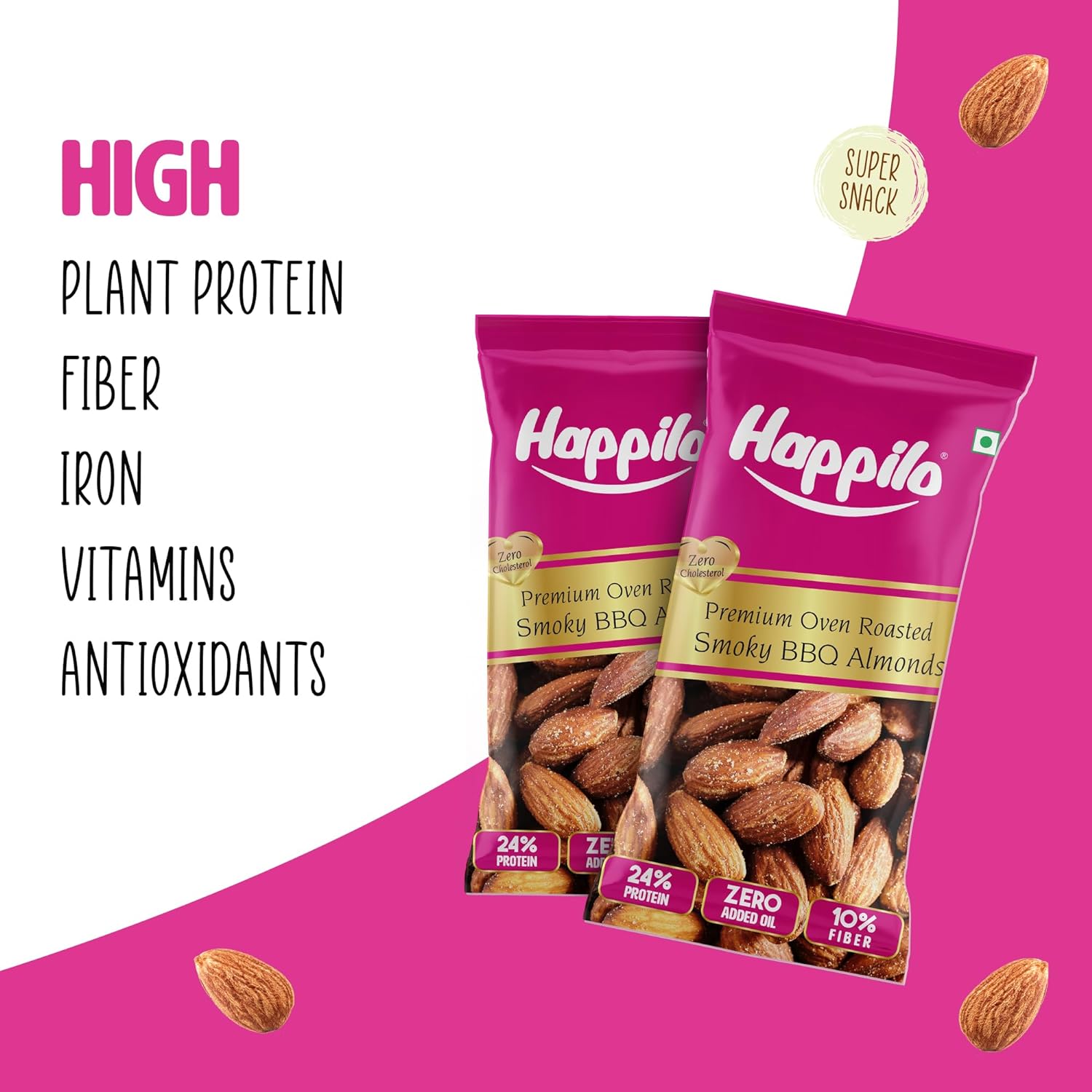Happilo Smart Snack Barbeque Californian Almonds (Pack Of 12) 15g+3g (20% Extra)