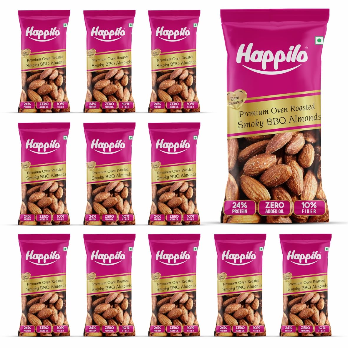 Happilo Smart Snack Barbeque Californian Almonds (Pack Of 12) 15g+3g (20% Extra)