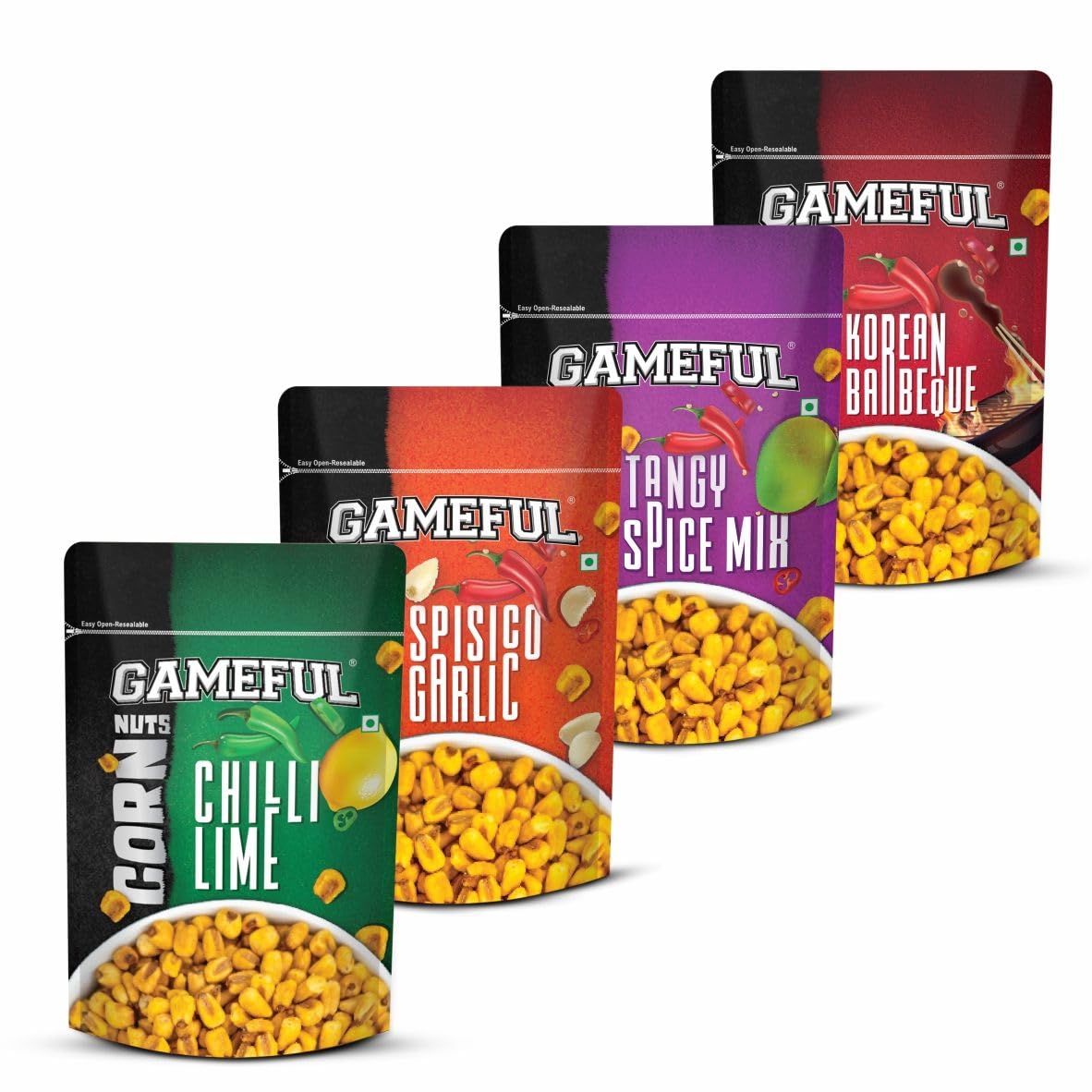 Gameful Corn Nut Combo 800g (Chilli Lime, Tangy Spice, Spisico Garlic, Korean Barbeque)