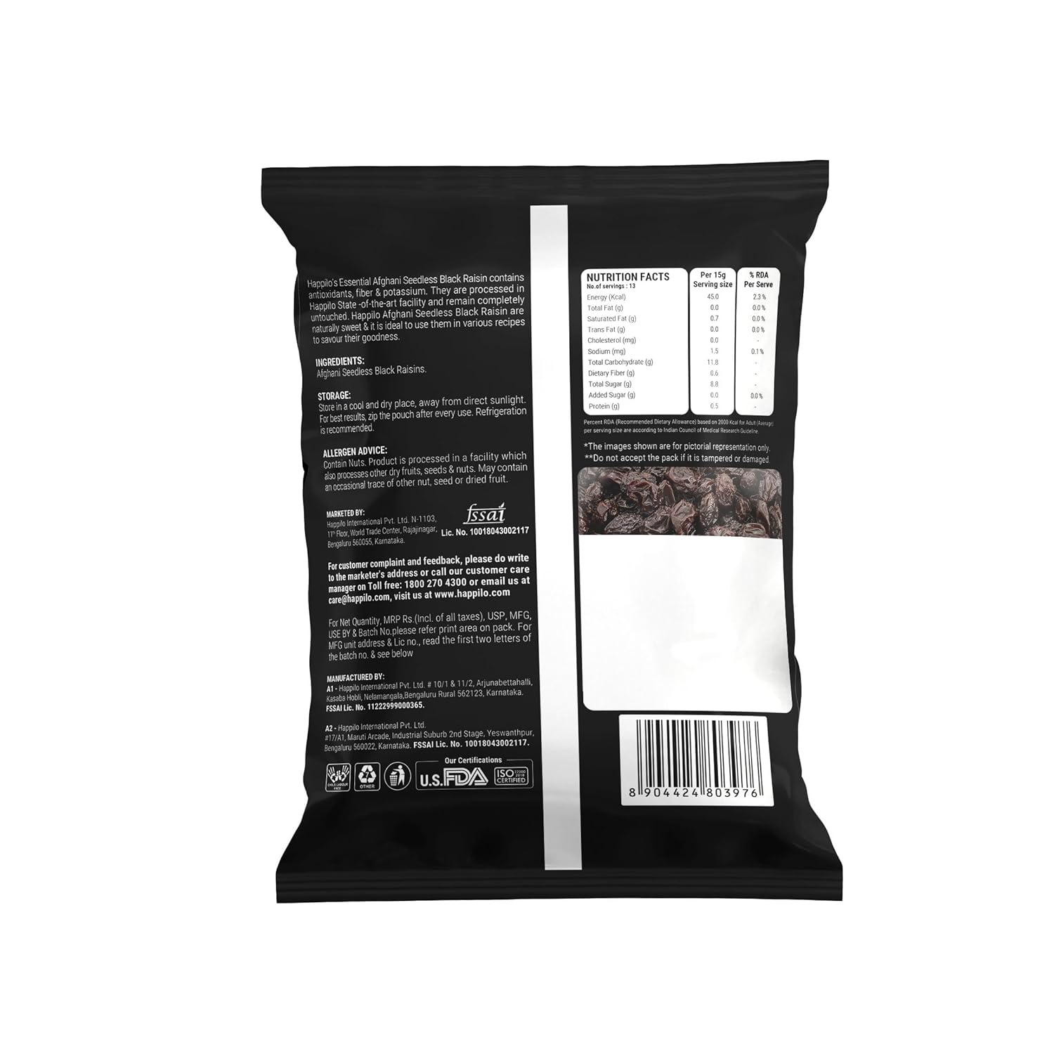Happilo Essentials Afghani Seedless Black Raisins 200g