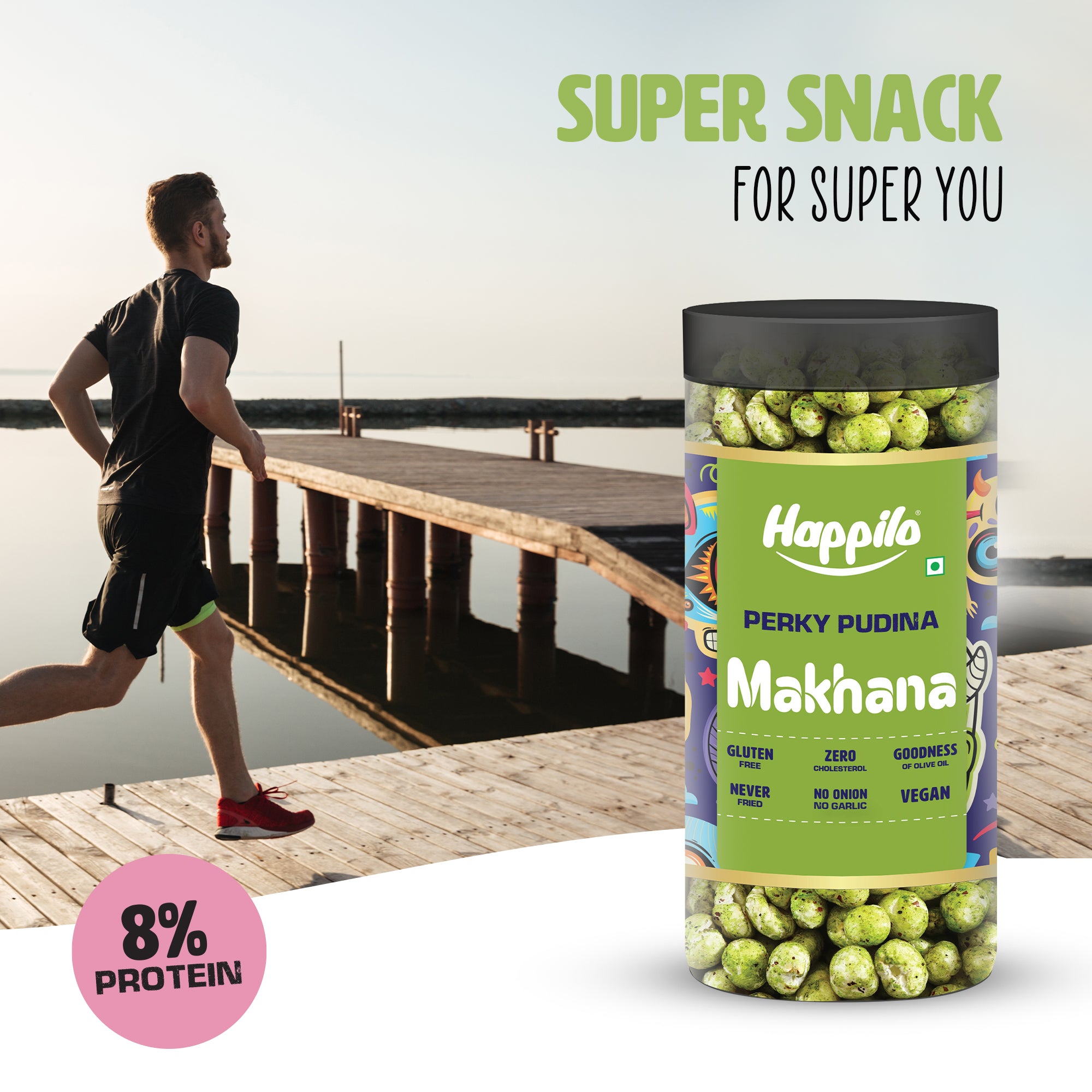 Happilo Makhana Perky Pudina Jar 80g, Roasted Foxnut Healthy Snack Low Calorie Gluten Free and Vegan