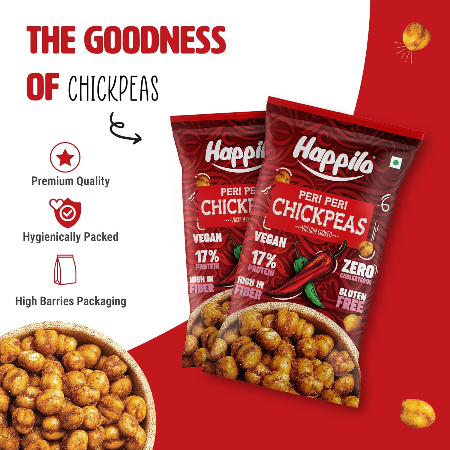 Happilo Premium Super Snack Peri Peri Chickpeas (Pack Of 12) 20g each, Crunchy and Delicious, Super Healthy