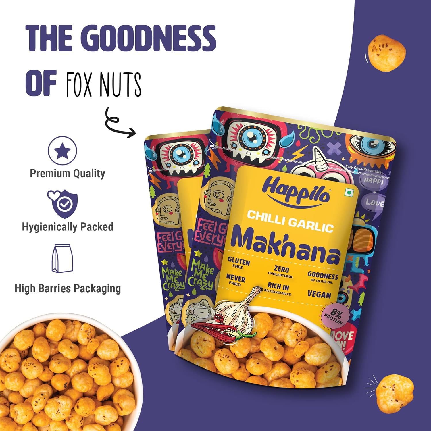 Happilo Premium Super Snack Makhana Combo 300g (Perky Pudina, Peri Peri, Chilli Garlic, Salt & Pepper and Cream & Onion)