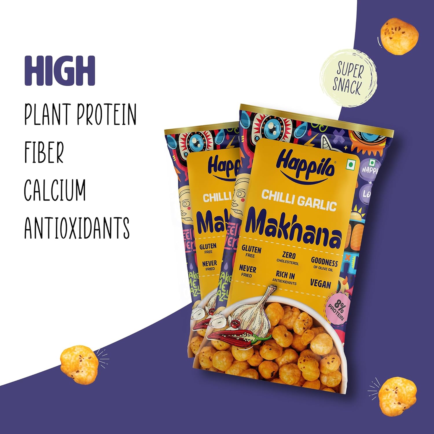 Happilo Premium Super Snack Makhana Chilli Garlic (Pack Of 12) 14g