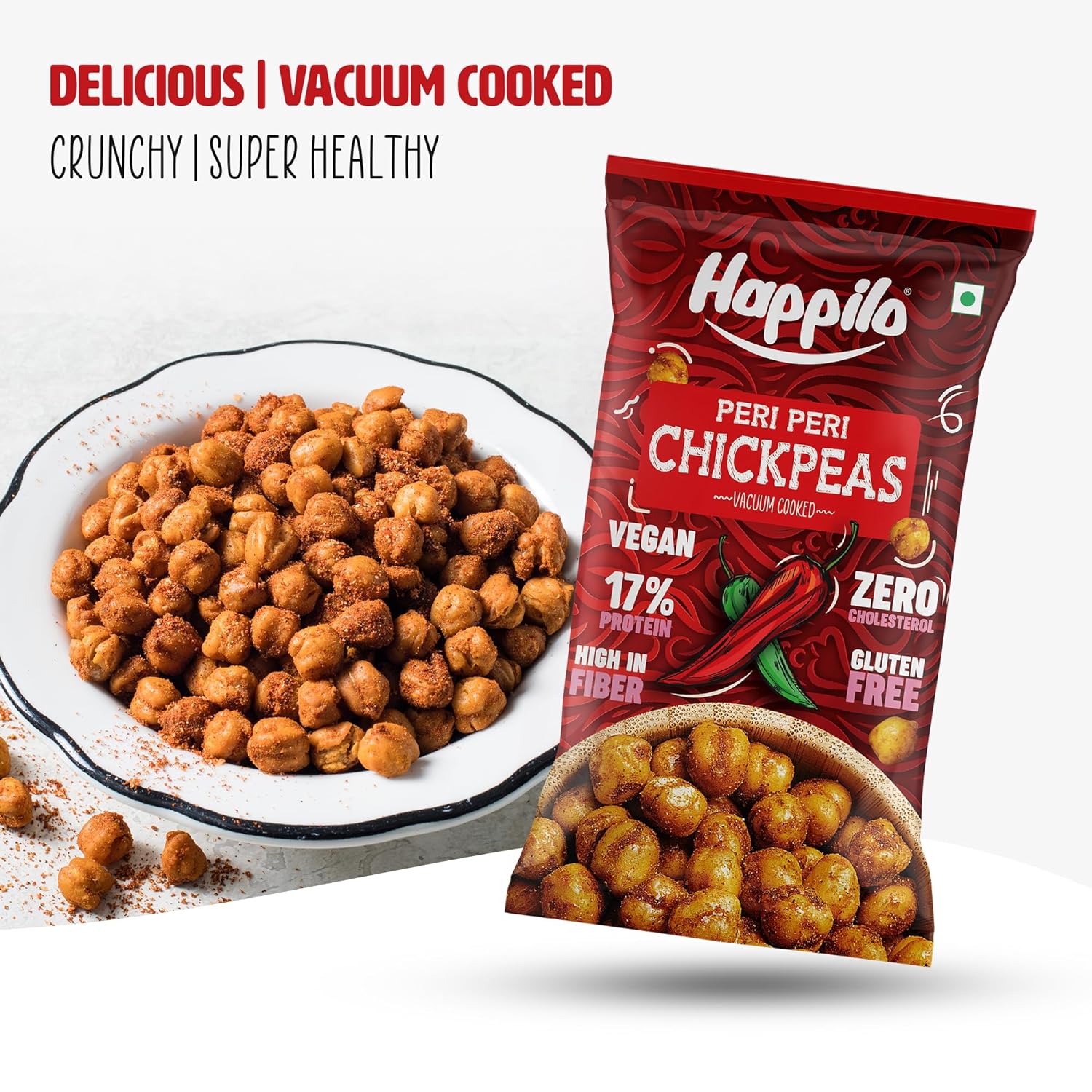 Happilo Premium Super Snack Peri Peri Chickpeas (Pack Of 12) 20g each, Crunchy and Delicious, Super Healthy