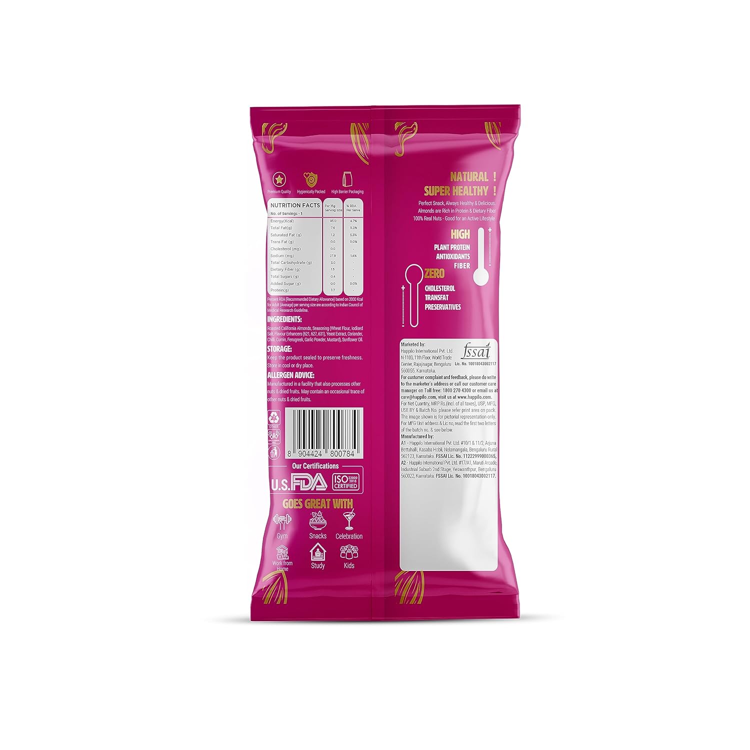 Happilo Smart Snack Barbeque Californian Almonds (Pack Of 12) 15g+3g (20% Extra)