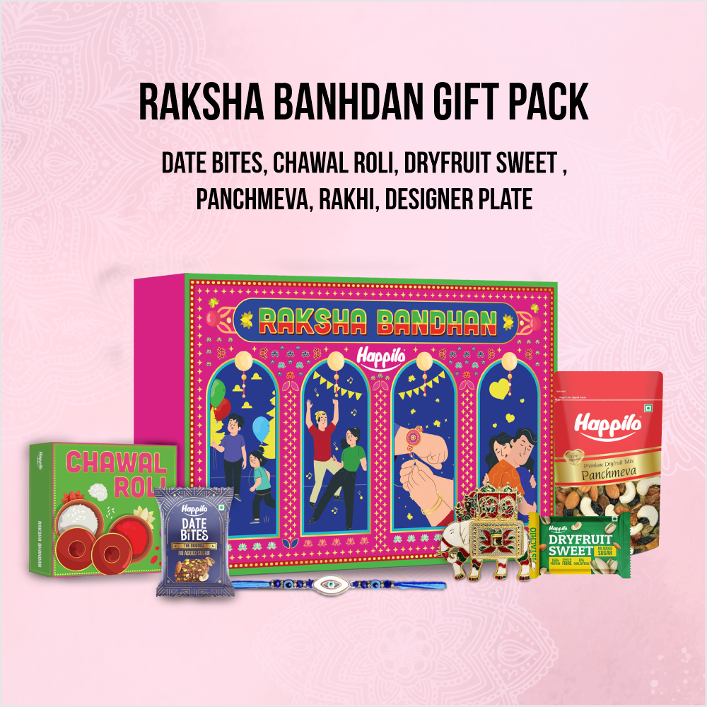 Happilo Gift Box Rakhi, Panchmewa, Date Bites, Roli chawal, Designer Plate, Rakhi & Greeting card