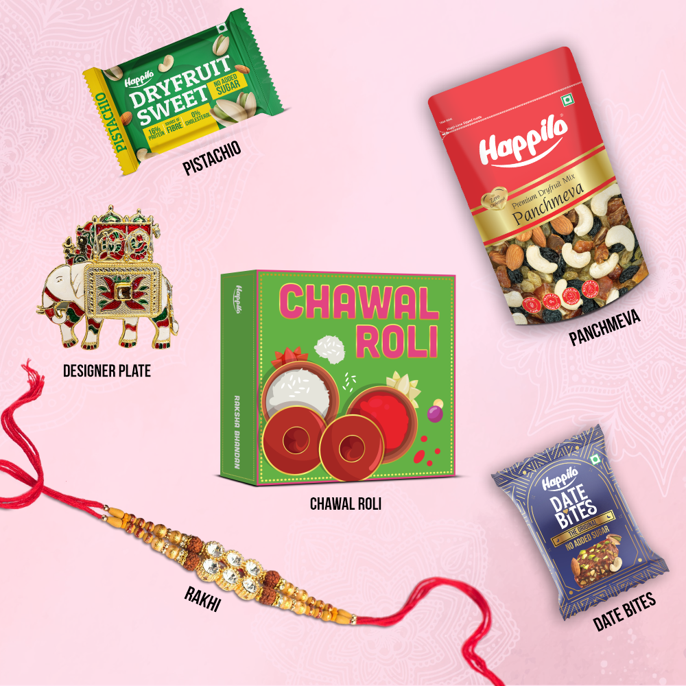 Happilo Gift Box Rakhi, Panchmewa, Date Bites, Roli chawal, Designer Plate, Rakhi & Greeting card