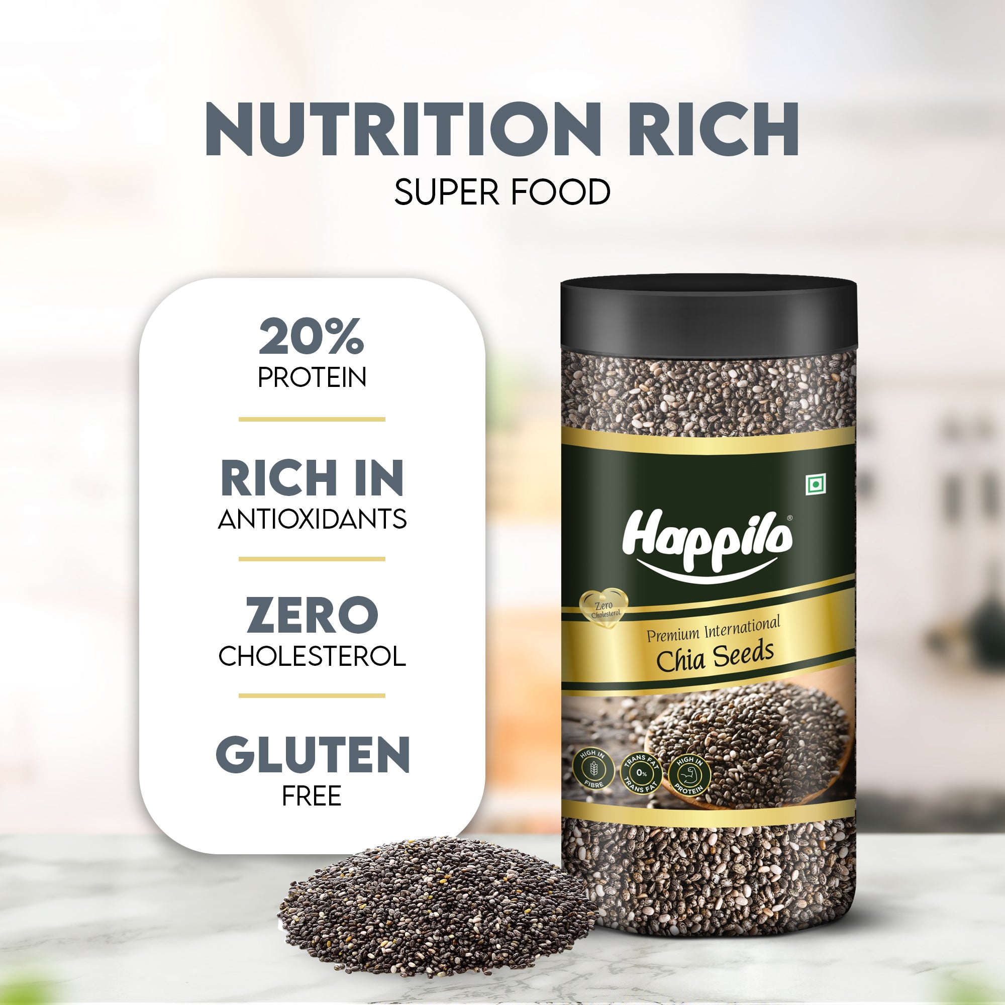 Happilo Premium Chia Seeds 500g Jar (Pack of 2), Nutrient-Rich Superfood, Rich in Omega-3 Fatty Acids, Fiber, Protein
