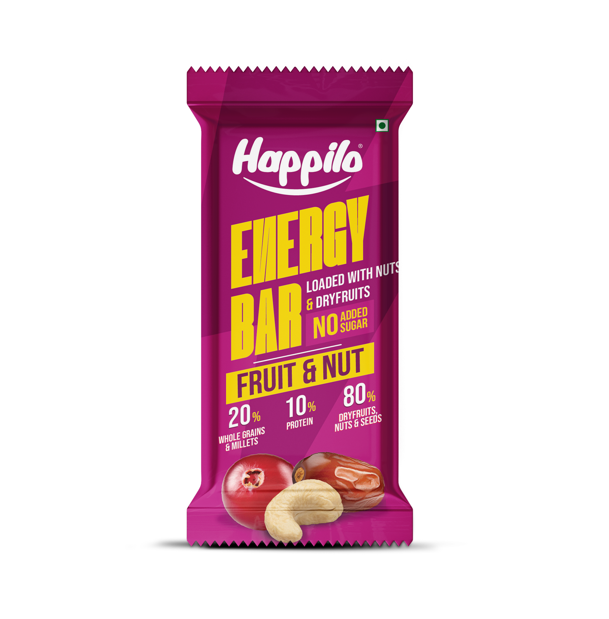 Happilo Dry Fruit Energy Bar, 80% Dry Fruits and Nuts, 20% Whole Grain and Millets, 10% Protein, Nutrient Rich, High in Protein, Fiber
