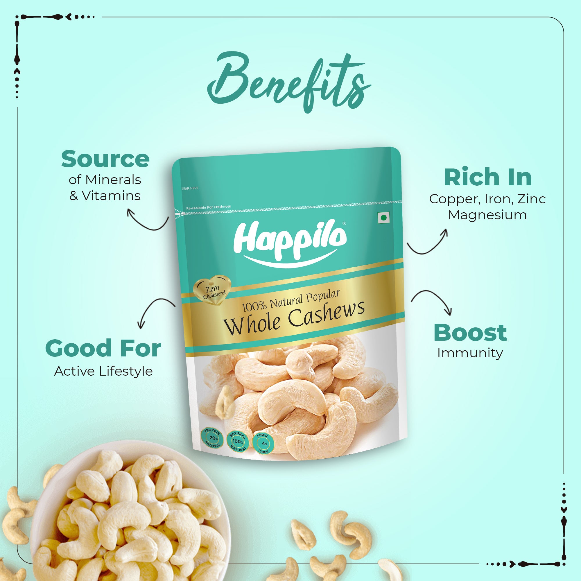 Happilo Natural Popular Cashews, Nutritious & Delicious Nuts, Signature Plain, High Fiber, Rich In Protein, 400g