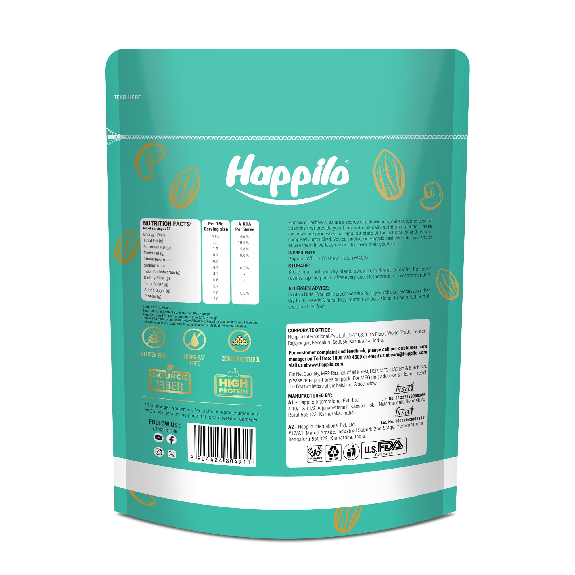 Happilo Natural Popular Cashews, Nutritious & Delicious Nuts, Signature Plain, High Fiber, Rich In Protein, 400g