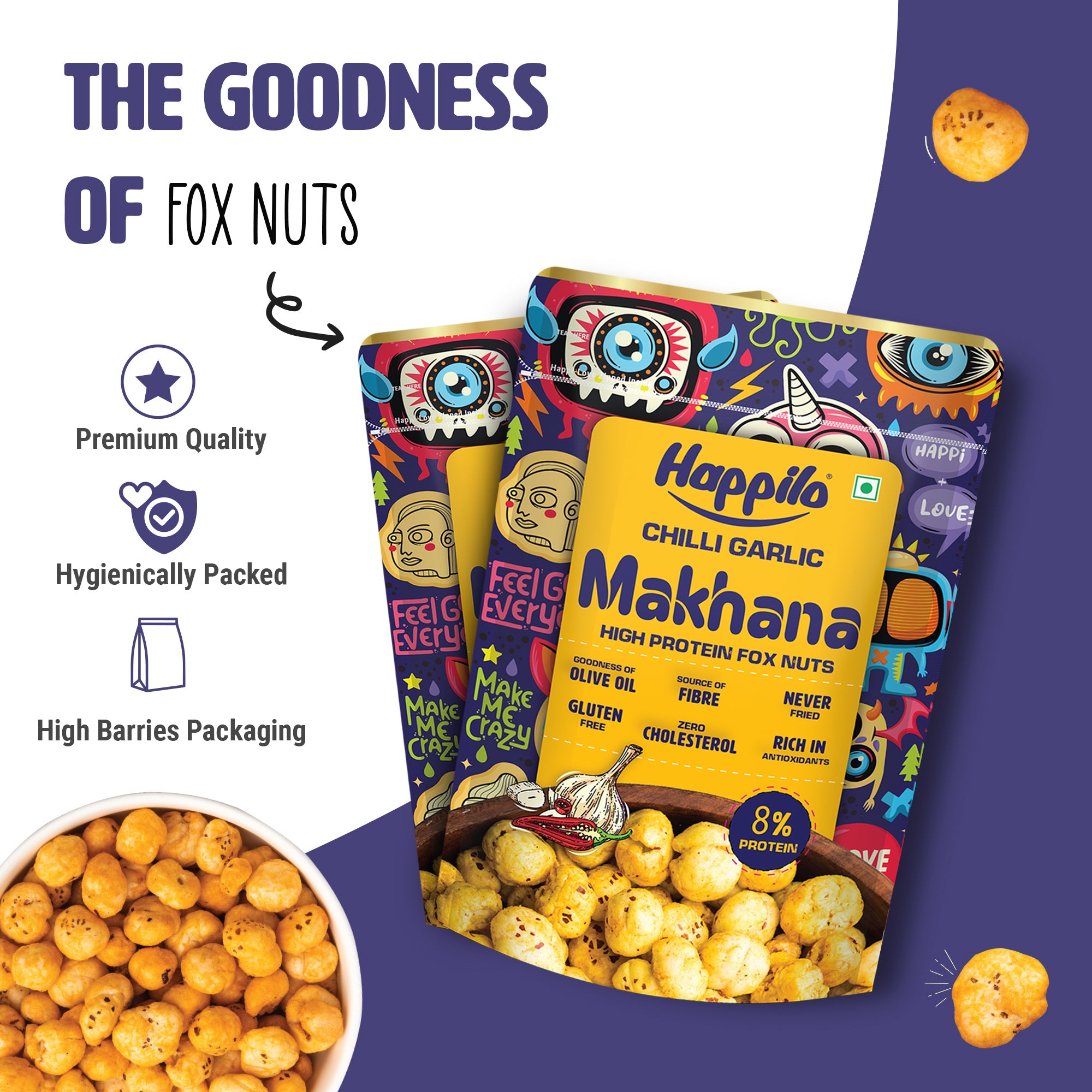 Happilo Premium Super Snack Makhana Chilli Garlic 55g, Roasted Foxnut Healthy Snack Low Calorie Gluten Free and Vegan