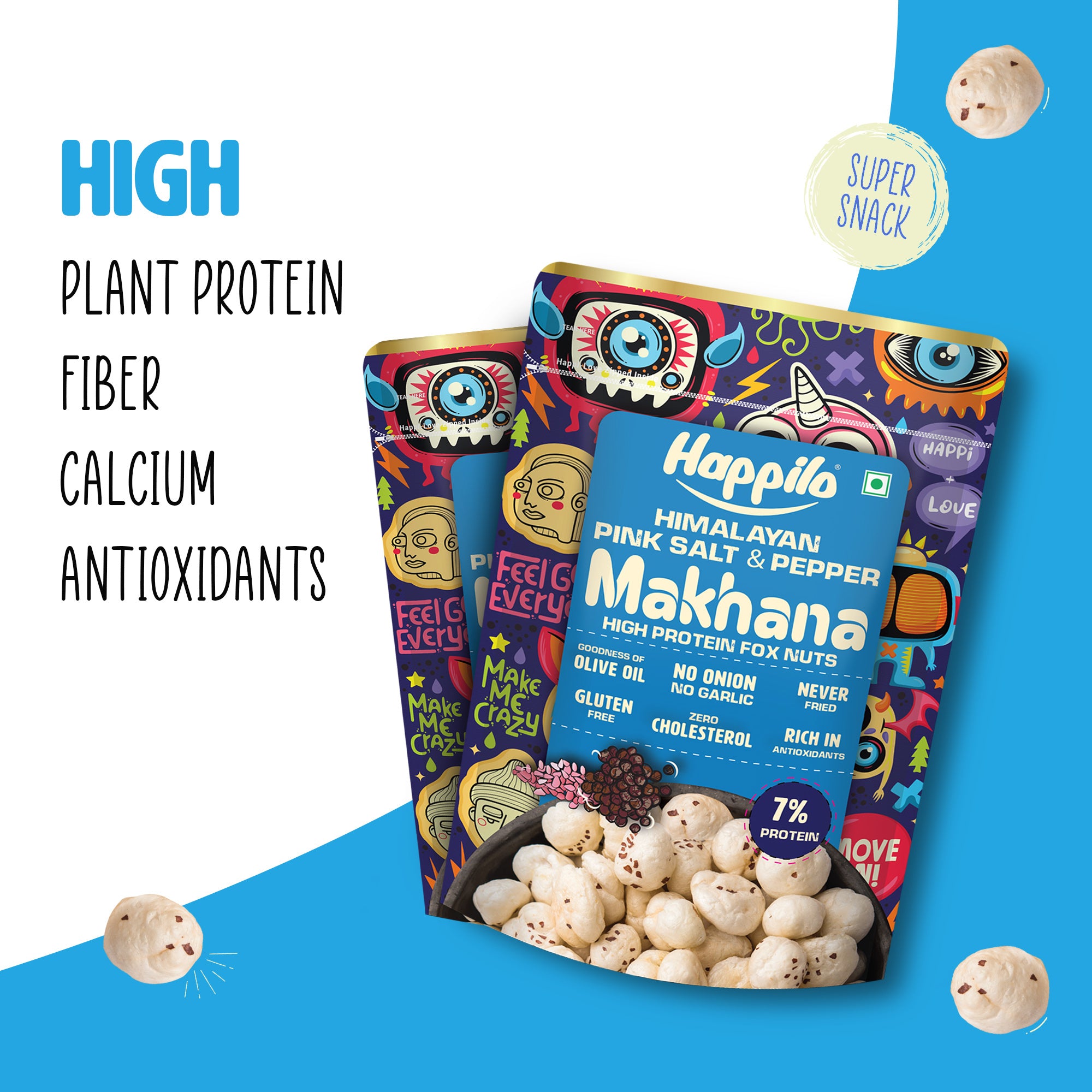 Happilo Premium Super Snack Makhana Himalayan Salt & Pepper55g, Roasted Foxnut Healthy Snack Low Calorie Gluten Free and Vegan