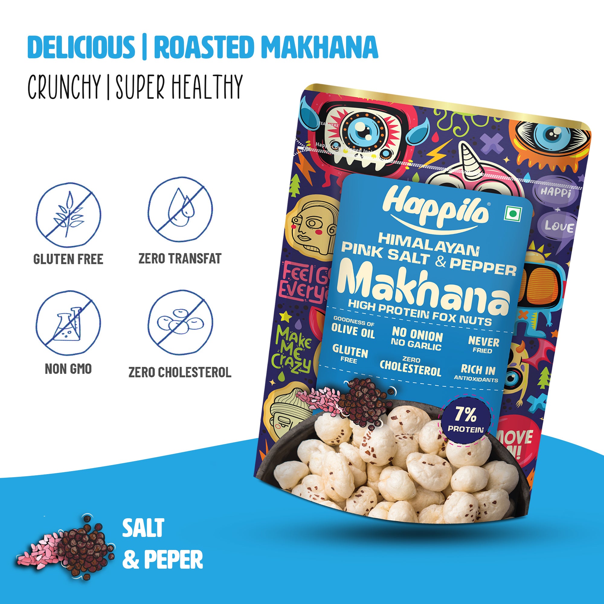 Happilo Premium Super Snack Makhana Himalayan Salt & Pepper55g, Roasted Foxnut Healthy Snack Low Calorie Gluten Free and Vegan