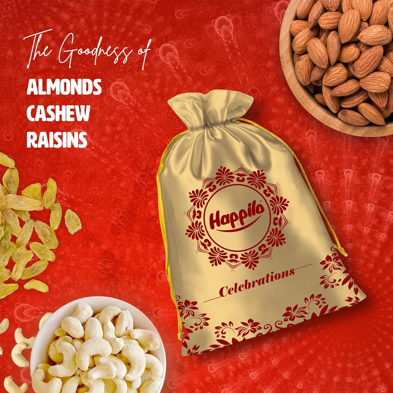 Happilo Premium Nuts & Dryfruit Celebrations Gift Potli Mangalyaan (Almond, Cashews & Raisin) 650g
