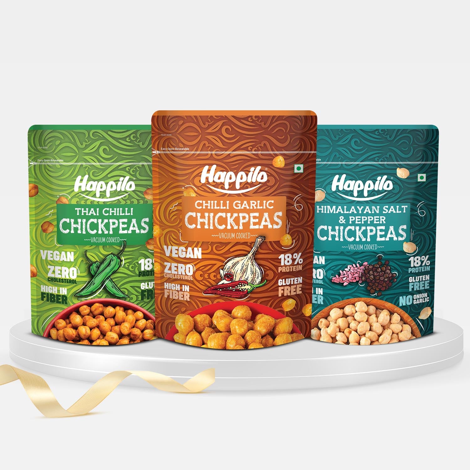 Happilo Chickpeas Power Combo Snack 110g each, Chili Garlic Chickpeas, Thai Chili Chickpeas, Himalayan Salt & Pepper Chickpeas