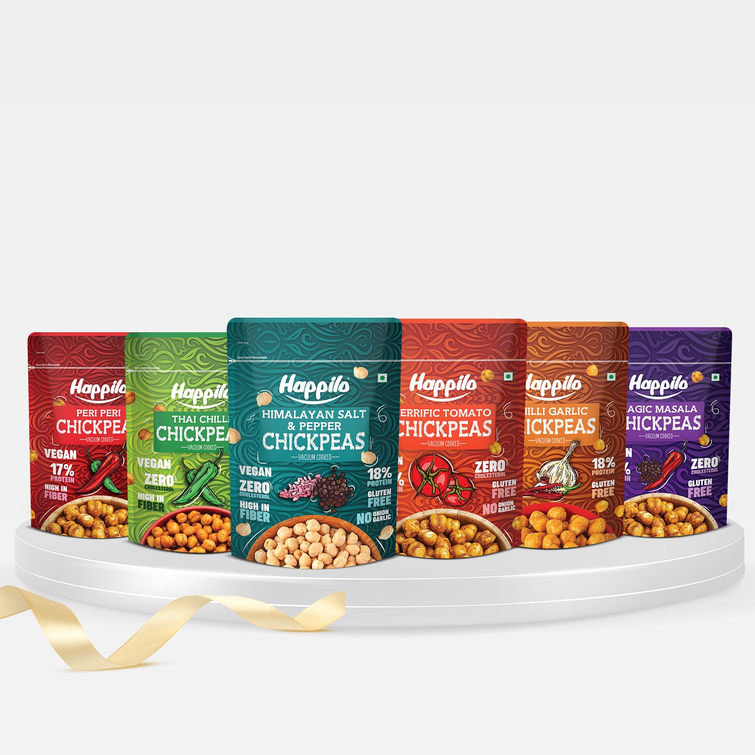 Happilo Chickpeas Jumbo Combo Snack 110g each, Magic Masala Chickpeas, Peri Peri Chickpeas, Terrific Tomato Chickpeas, Chili Garlic Chickpeas, Thai Chili Chickpeas, Himalayan Salt & Pepper Chickpeas