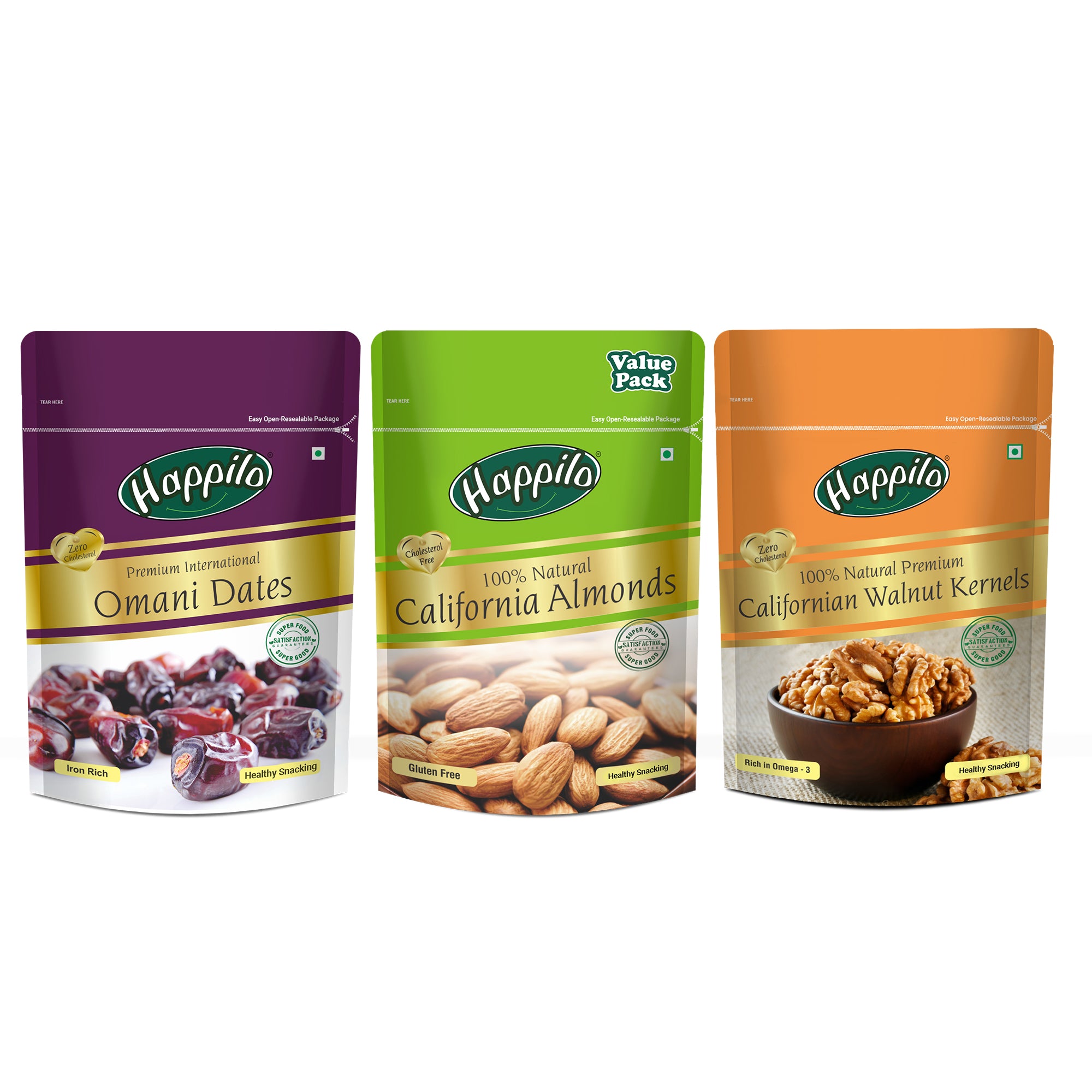 Happilo Premium International SuperMOM Trial Mix Combo 950g (California Walnut Kernels 200g, Omani Dates 250g & California Almonds 500g)