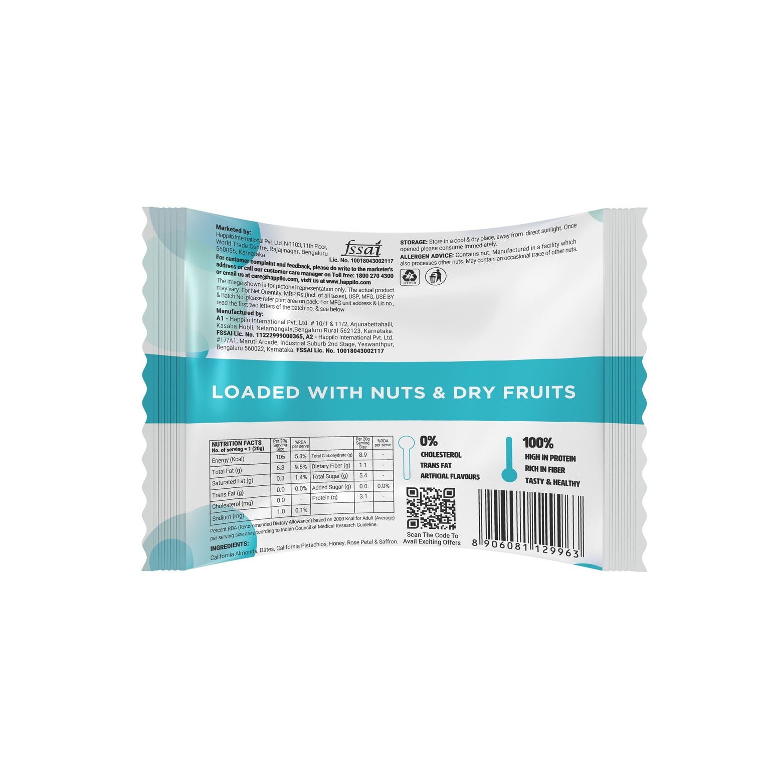 Happilo Premium International Dates Dry Fruit BarFi 20g (Pack of 36)