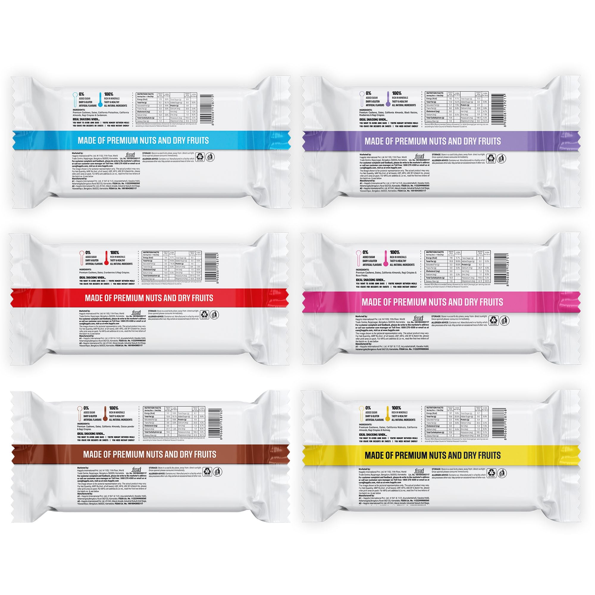 Happilo Dry Fruit Bar Combo 840g (Cranberry Cashew, Rose Almond, Walnut, Pistachios, Choco Almond & Blueberries Each 35g*4pcs)