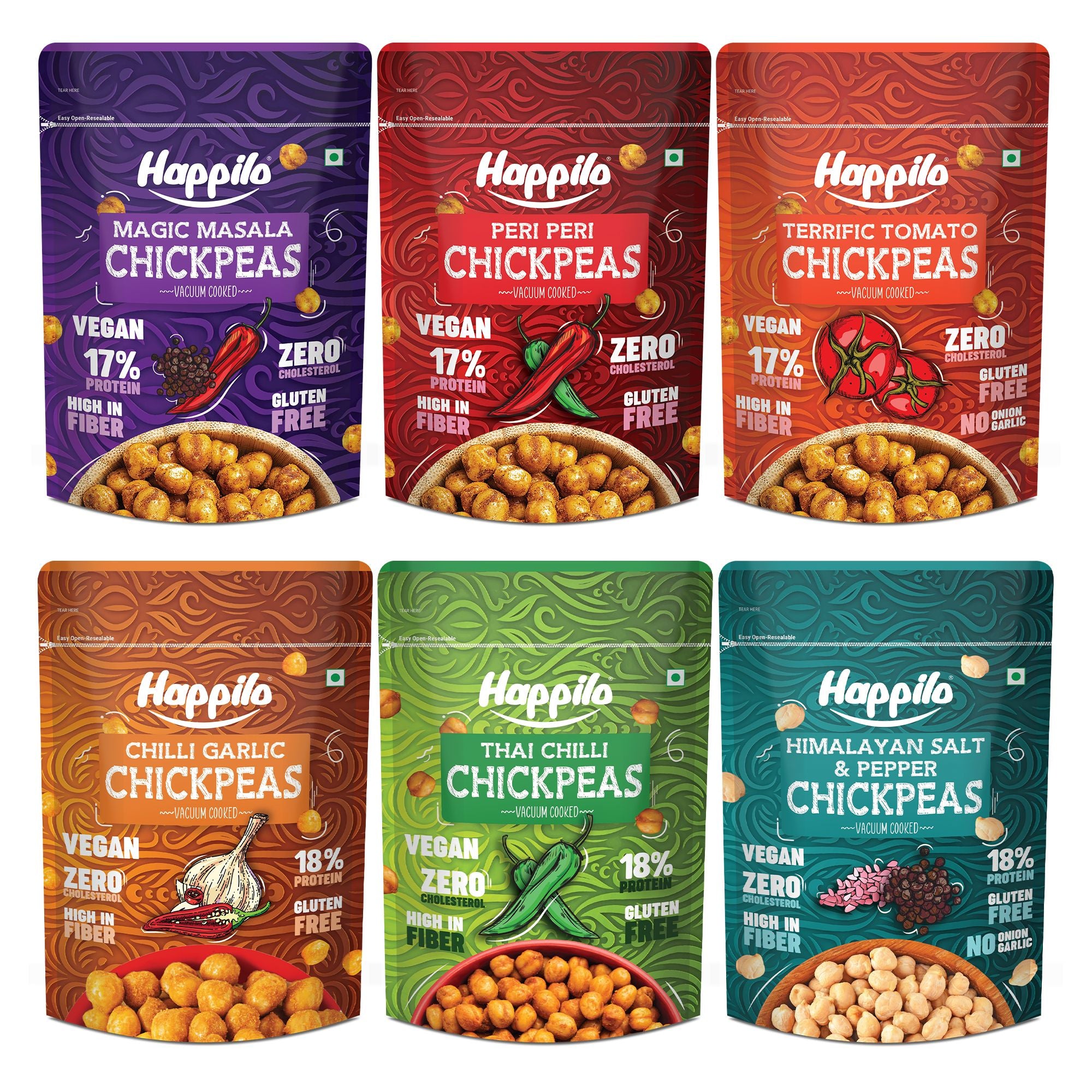Happilo Chickpeas Combo 1320g (Magic Masala, Peri Peri, Terrific Tomato, Chili Garlic, Thai Chili, Himalayan Salt & Pepper Each 110g*2)