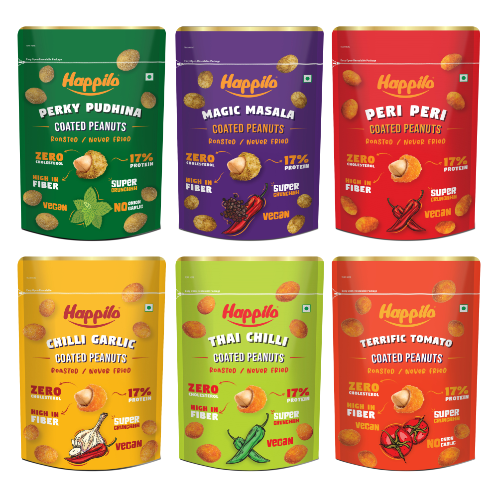 Happilo Peanuts Daily Combo Snack 150g each Perky Pudhina Peanut, Magic Masala Peanut, Peri Peri Peanut, Chili Garlic Peanut, Thai Chili Peanut, Terrific Tomato Peanut