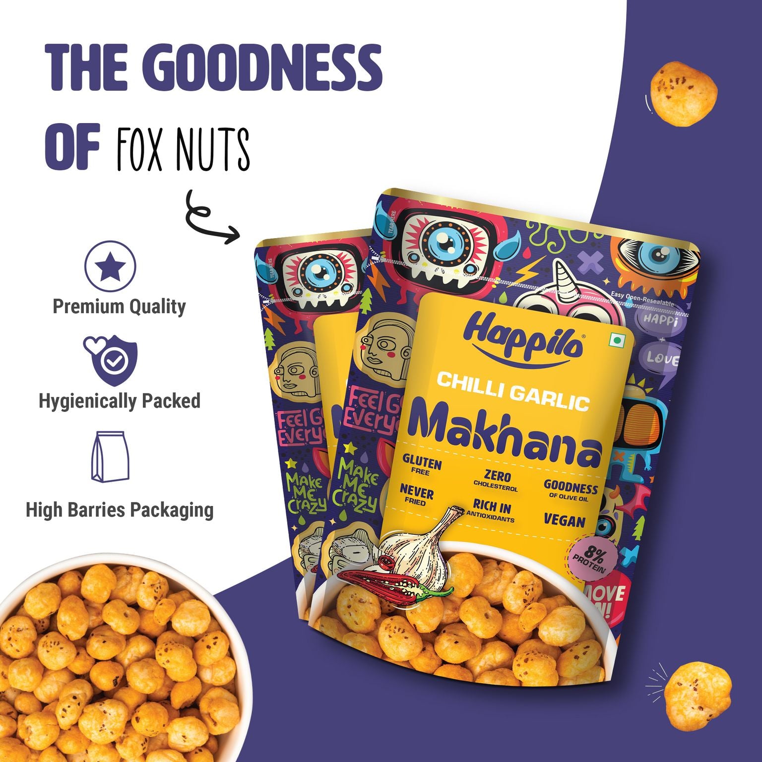 Happilo Premium Super Snack Makhana Combo 600g (Perky Pudina, Peri Peri, Chilli Garlic, Himalayan Salt & Pepper, & Cream & Onion Each 60g*2pcs)