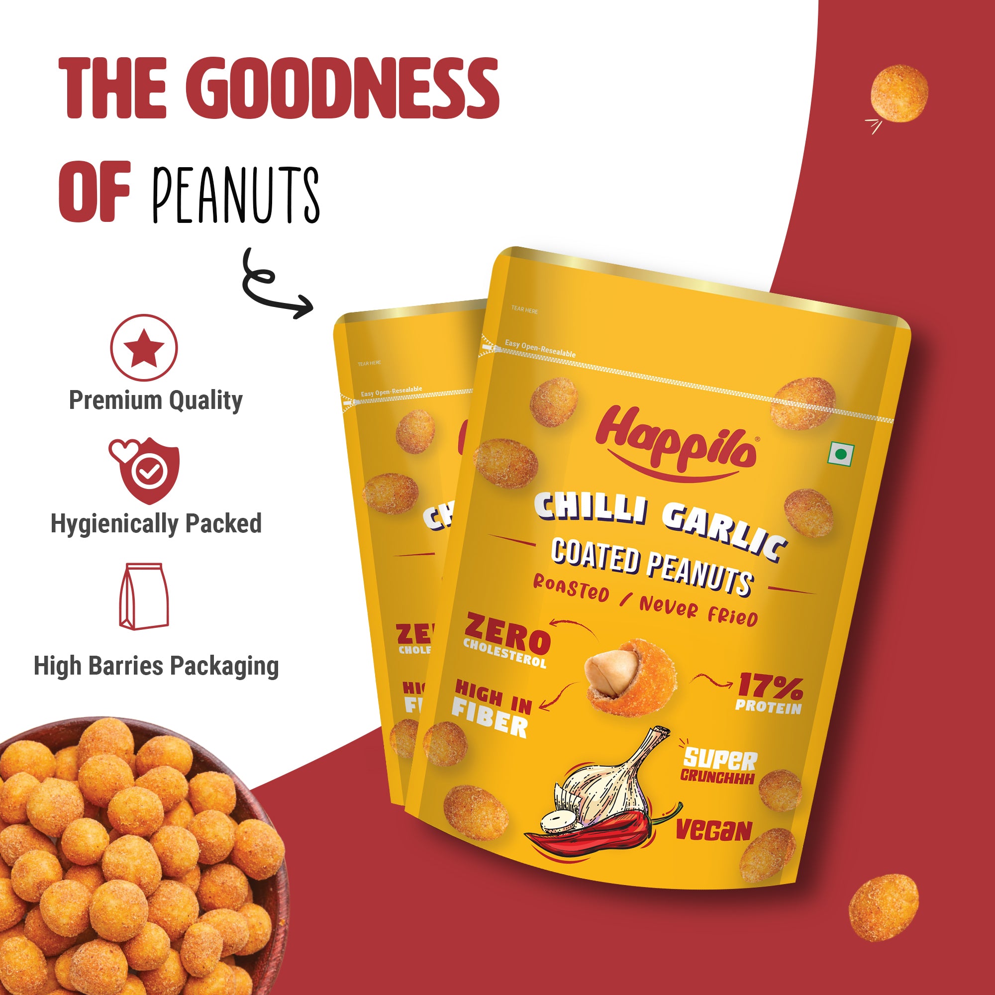 Happilo Peanut Power Combo Snack 150g each Chili Garlic Peanut, Thai Chili Peanut, Terrific Tomato Peanut